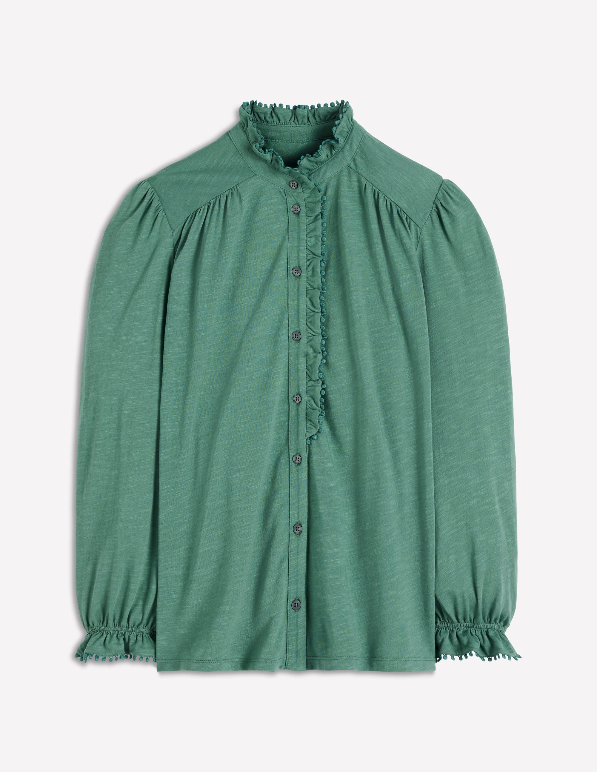 Emily Pom Trim Ruffle Shirt-Deep Jungle - Image 4
