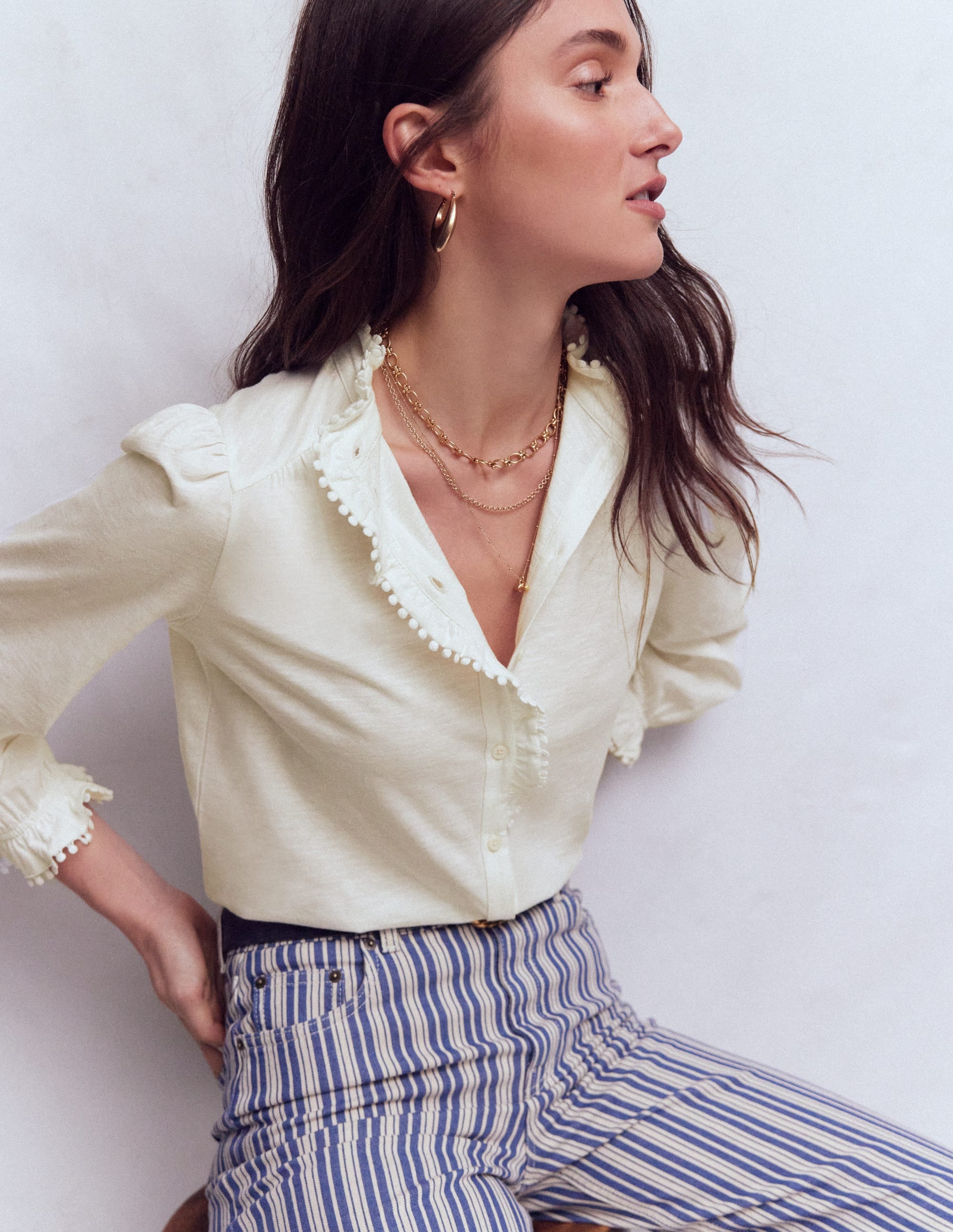 Emily Pom Trim Ruffle Shirt-Ivory - Image 1