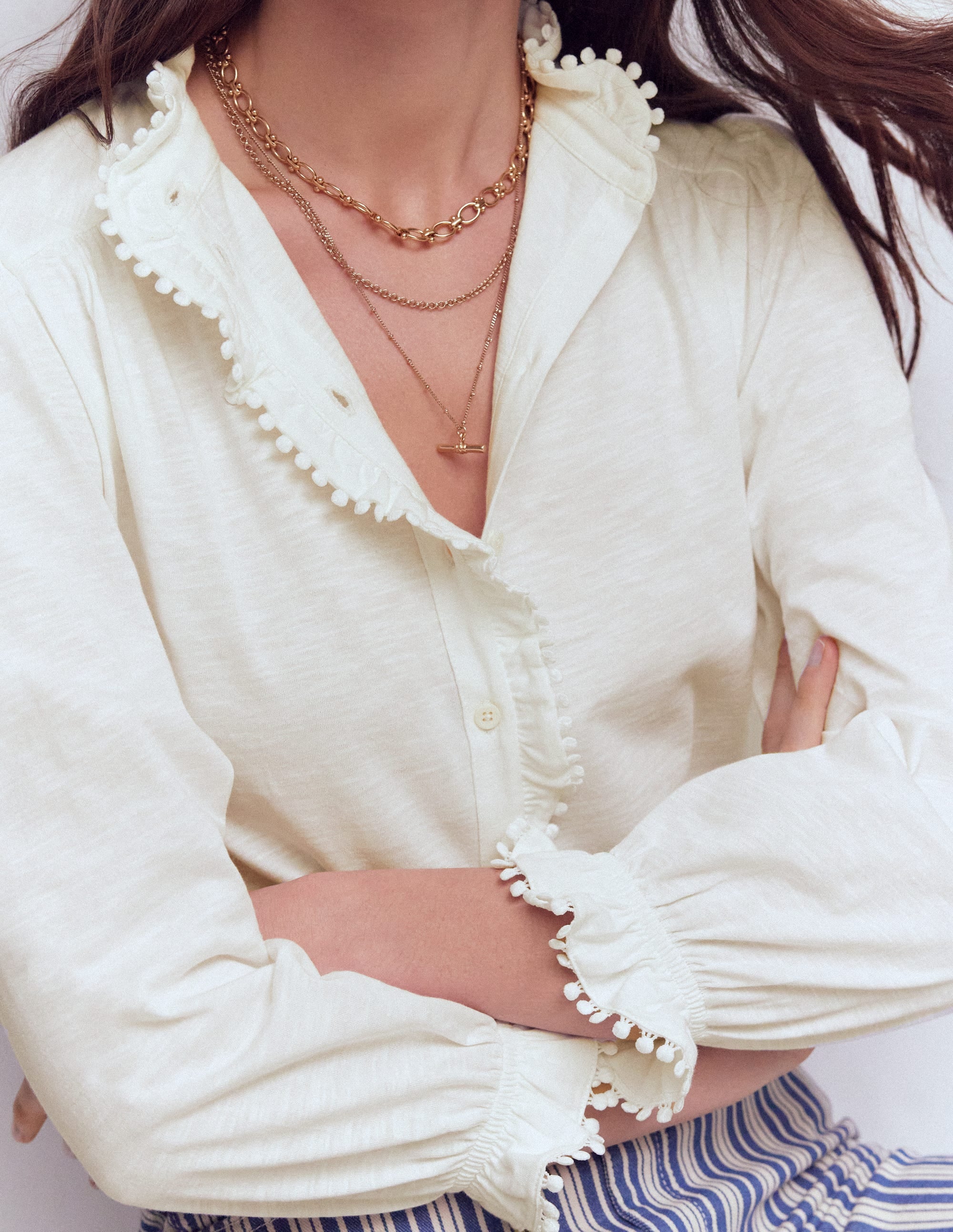 Emily Pom Trim Ruffle Shirt-Ivory - Image 2