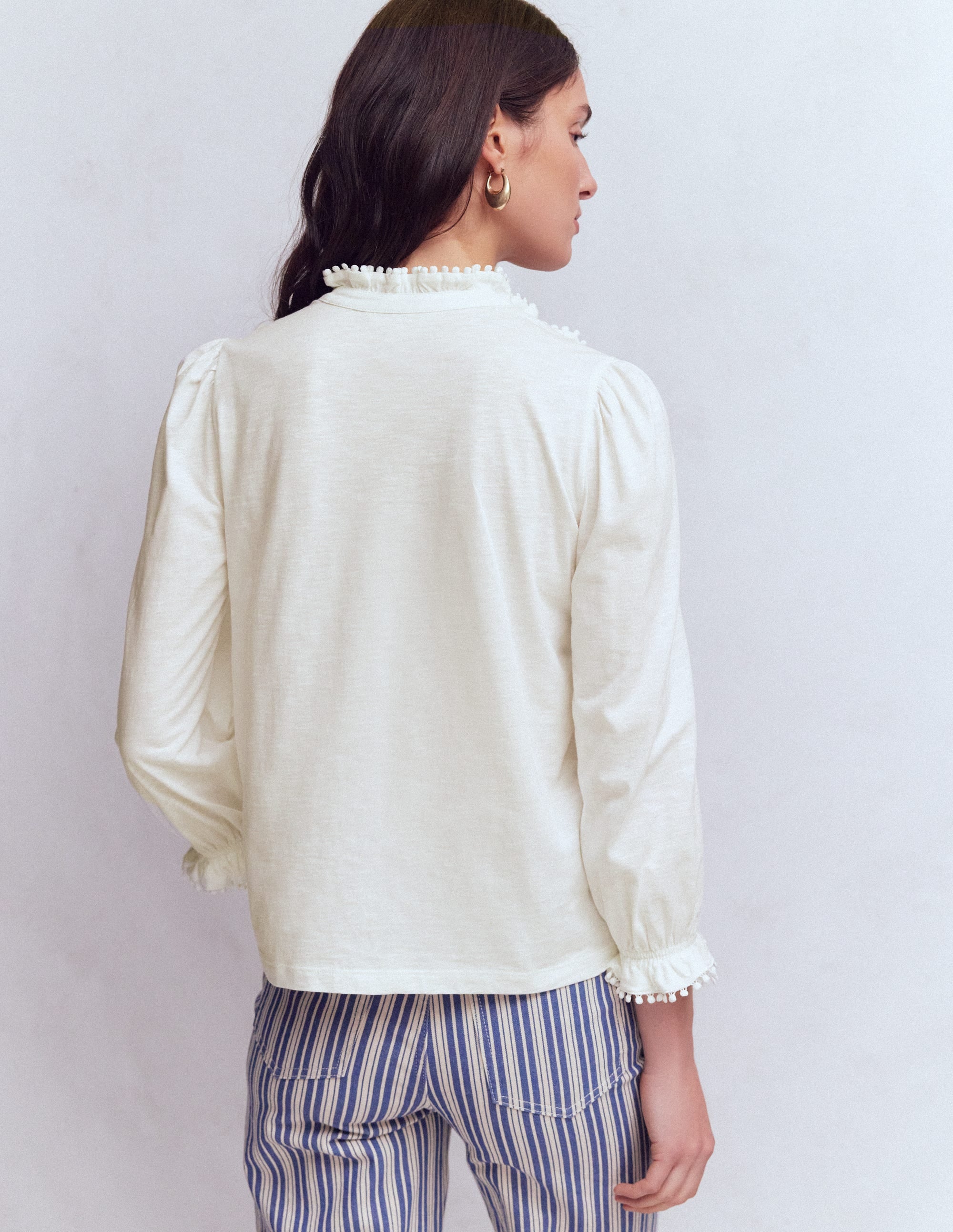 Emily Pom Trim Ruffle Shirt-Ivory - Image 3