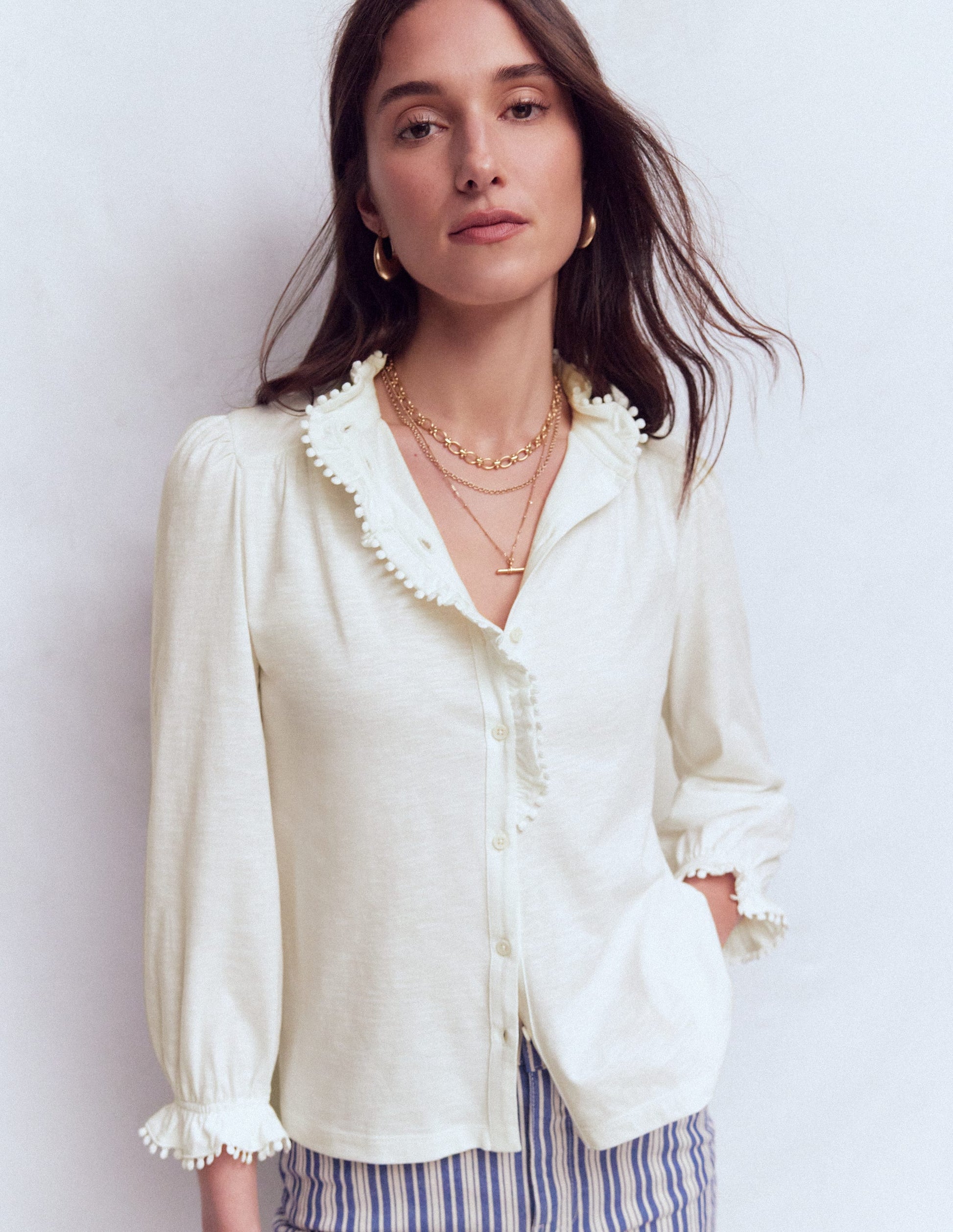 Emily Pom Detail Ruffle Shirt-Ivory-4