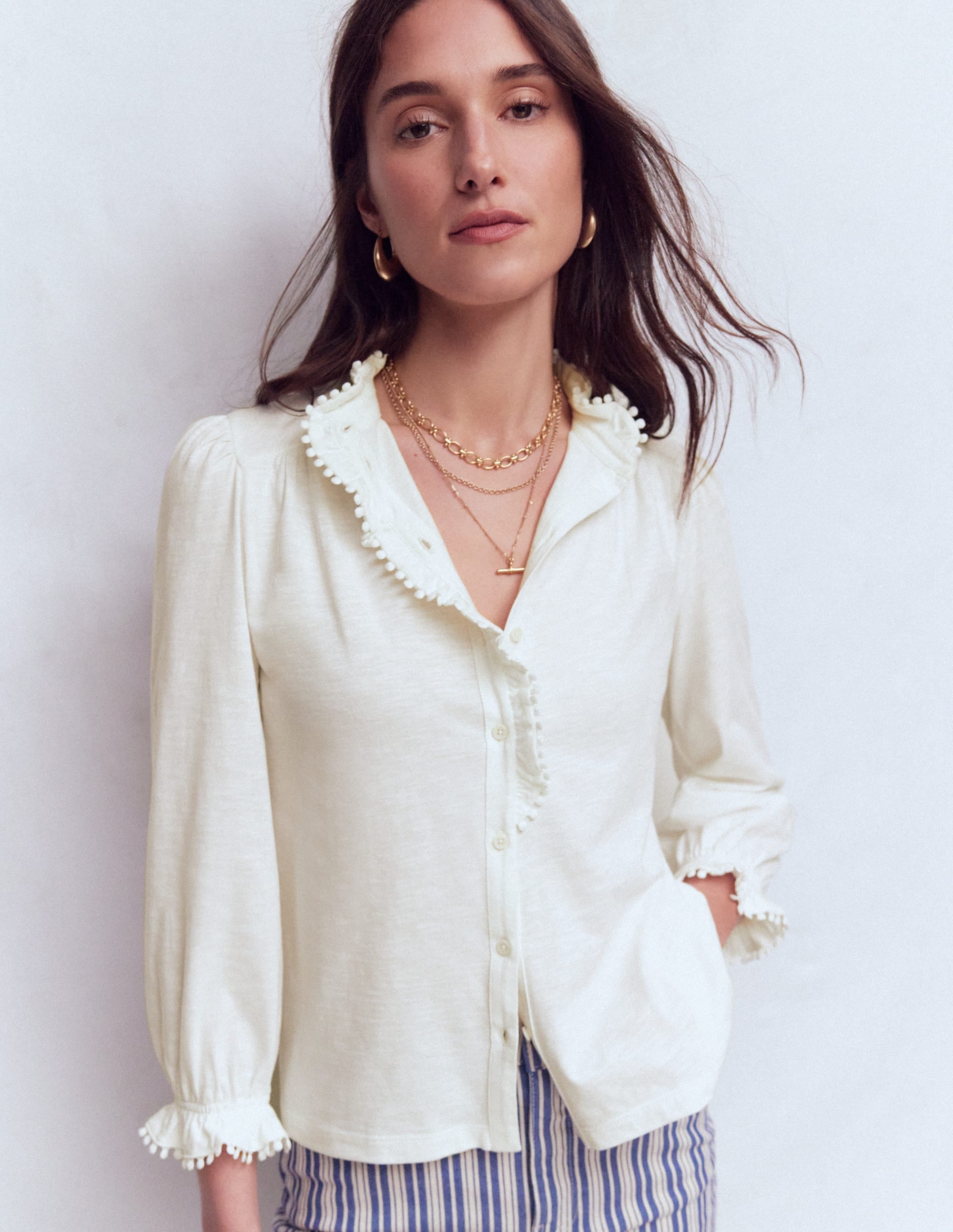 Emily Pom Trim Ruffle Shirt-Ivory - Image 4