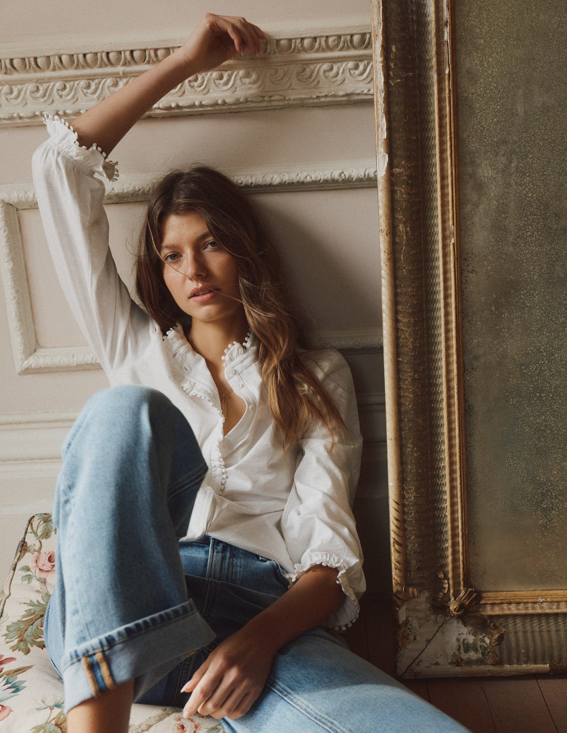 Emily Pom Detail Ruffle Shirt-Ivory-5