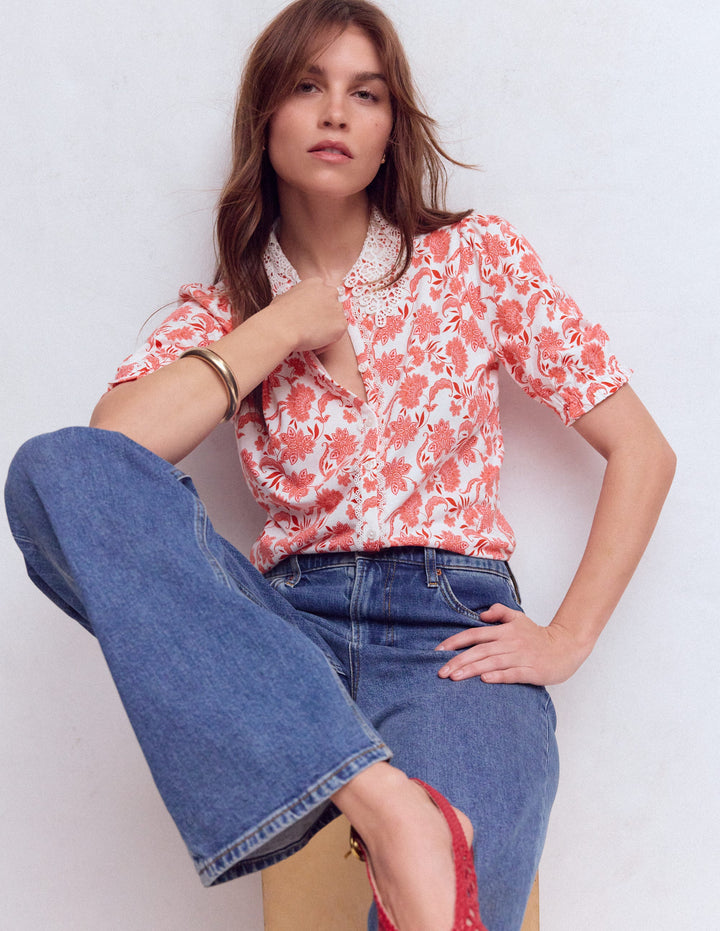 Nessa Broderie Collar Blouse-Pink Floral