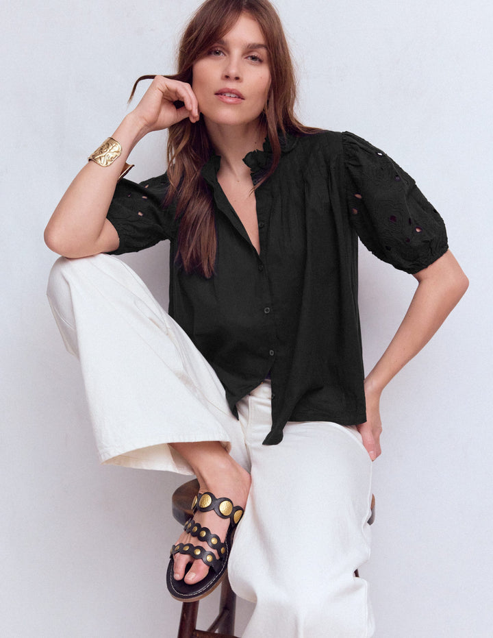 Cutwork Puff Sleeve Top-Black