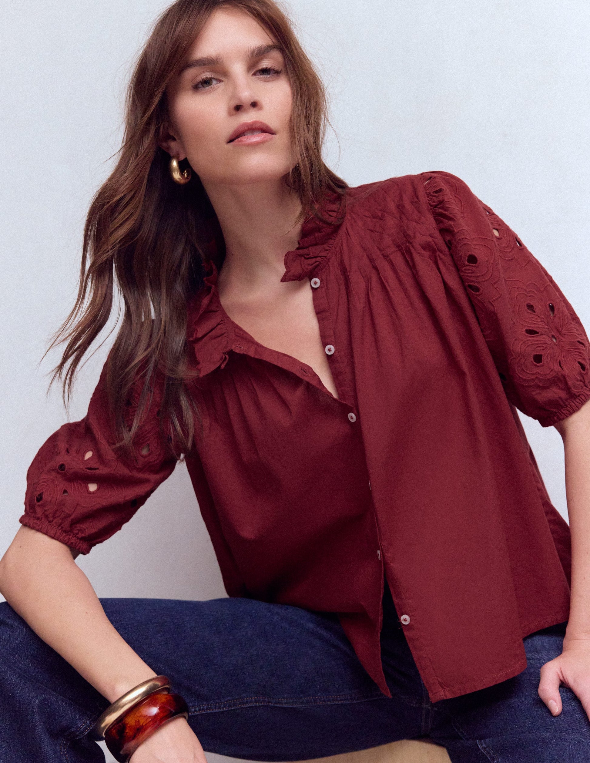 Cutwork Puff Sleeve Top-Russet-1
