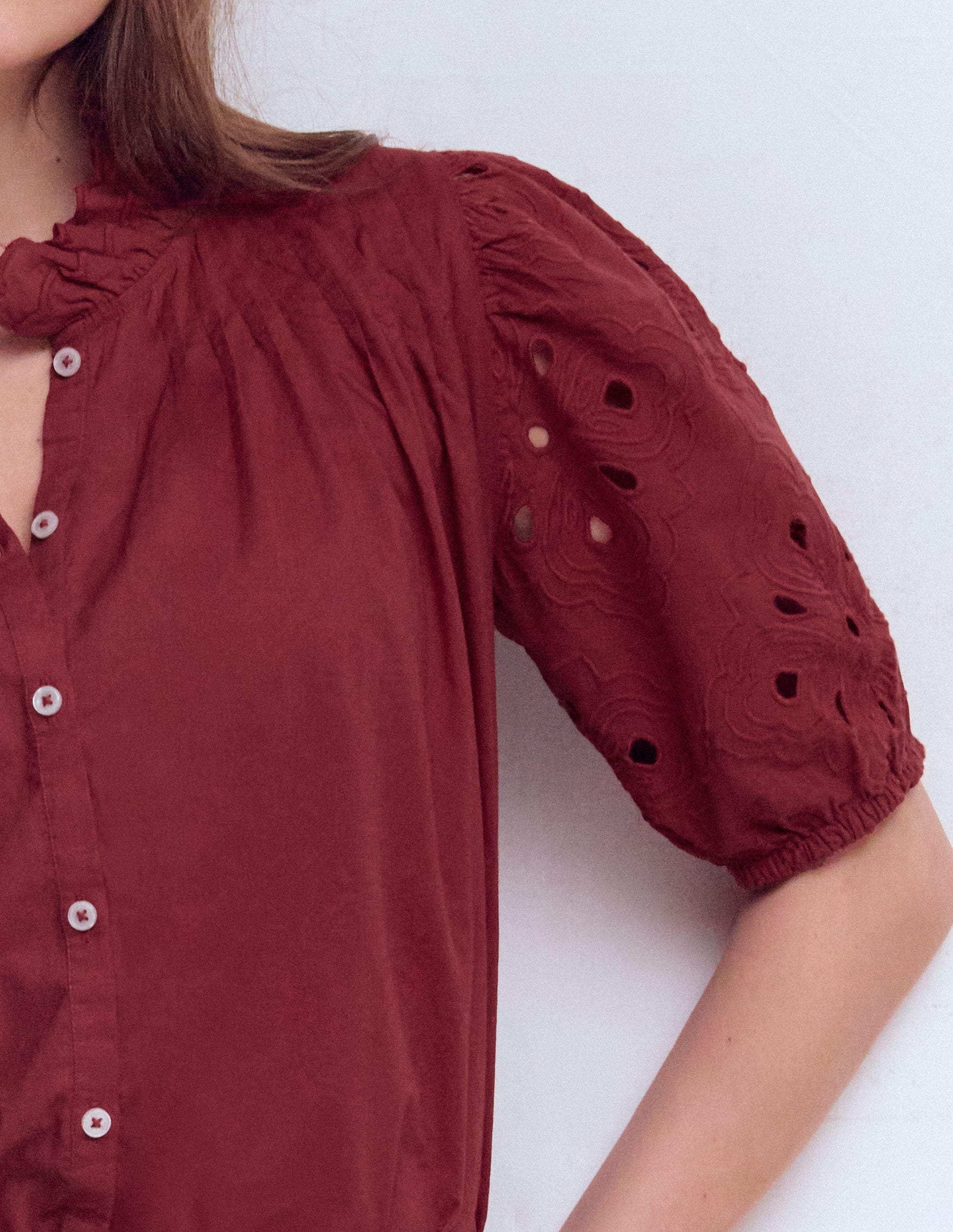 Cutwork Puff Sleeve Top-Russet-2