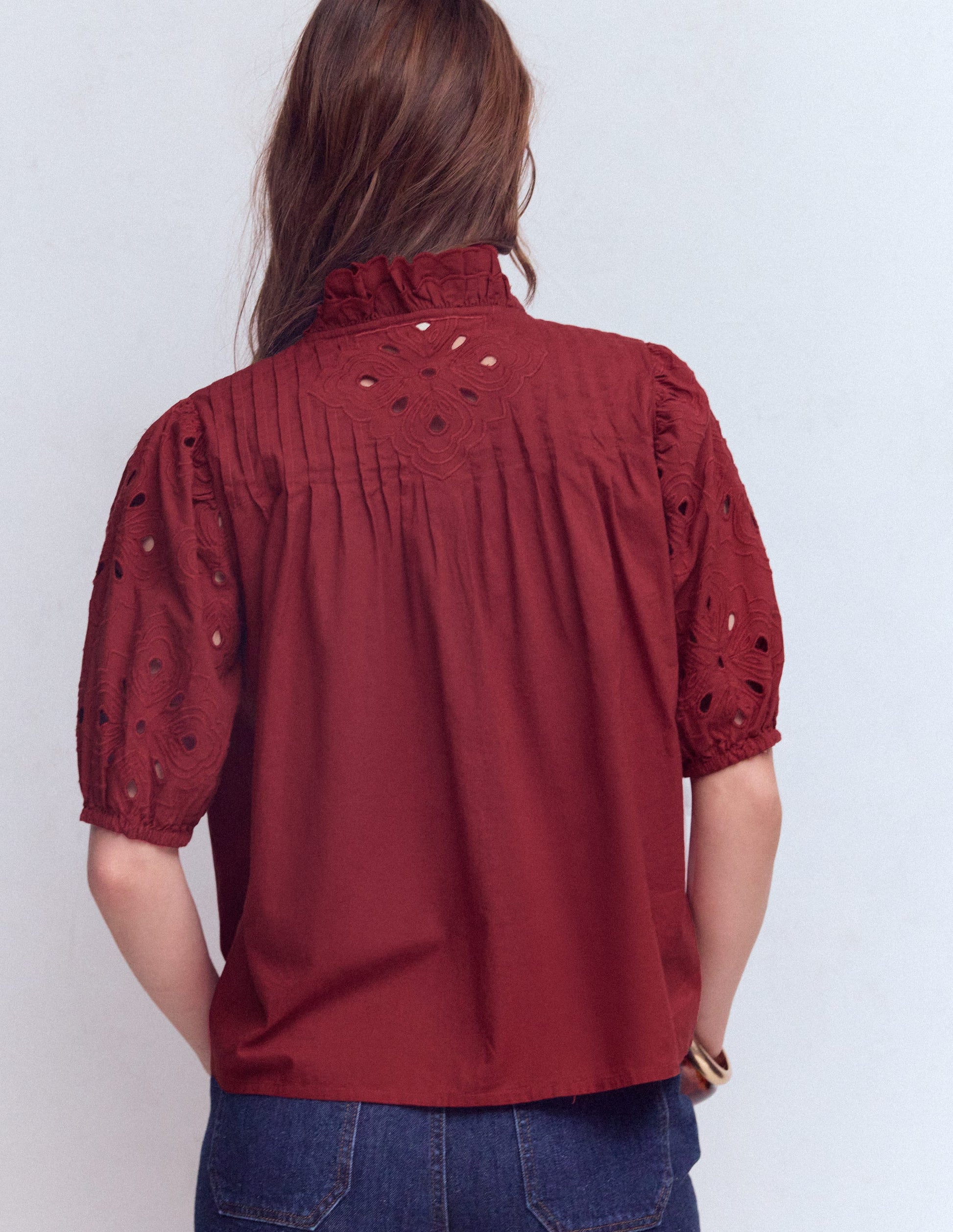 Cutwork Puff Sleeve Top-Russet-3