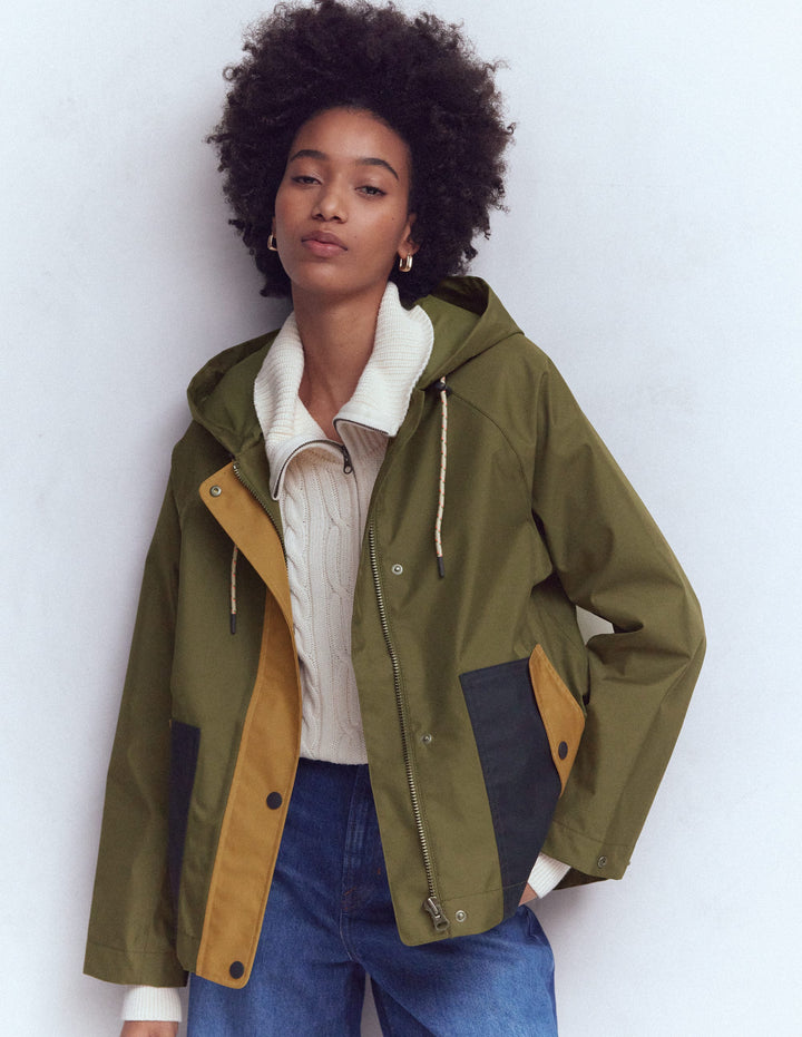 Lightweight Rain Mac-Woodland Green, Colourblock