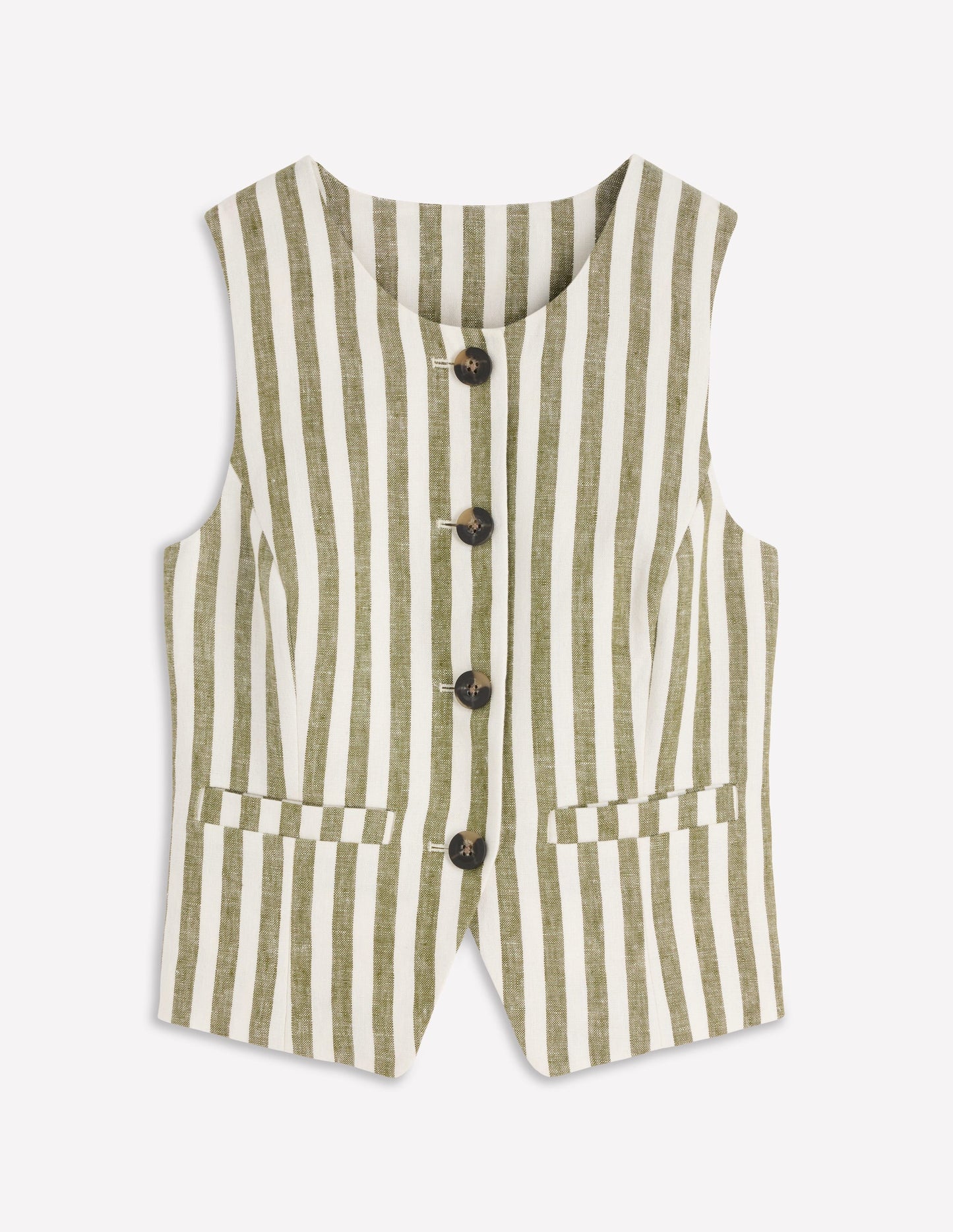 Linen Scoop Neck Waistcoat-Olive, Ivory Stripe