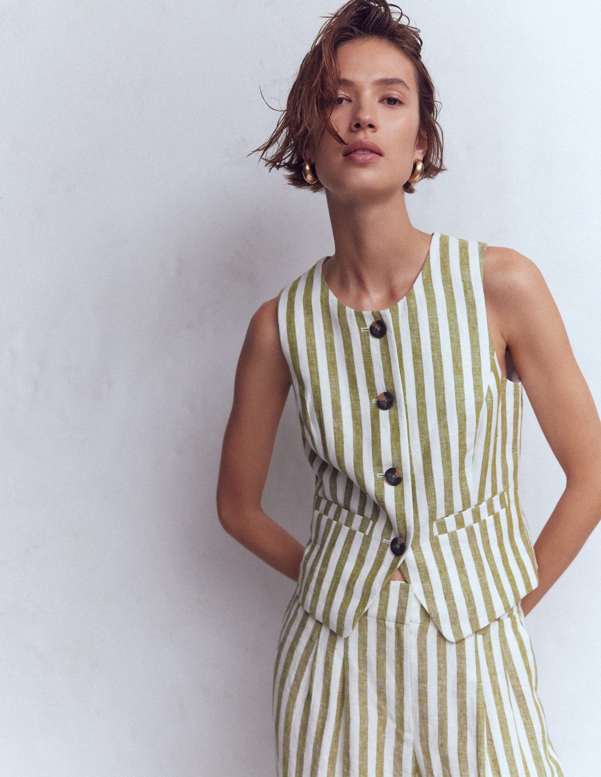 Linen Scoop Neck Waistcoat-Olive, Ivory Stripe-6