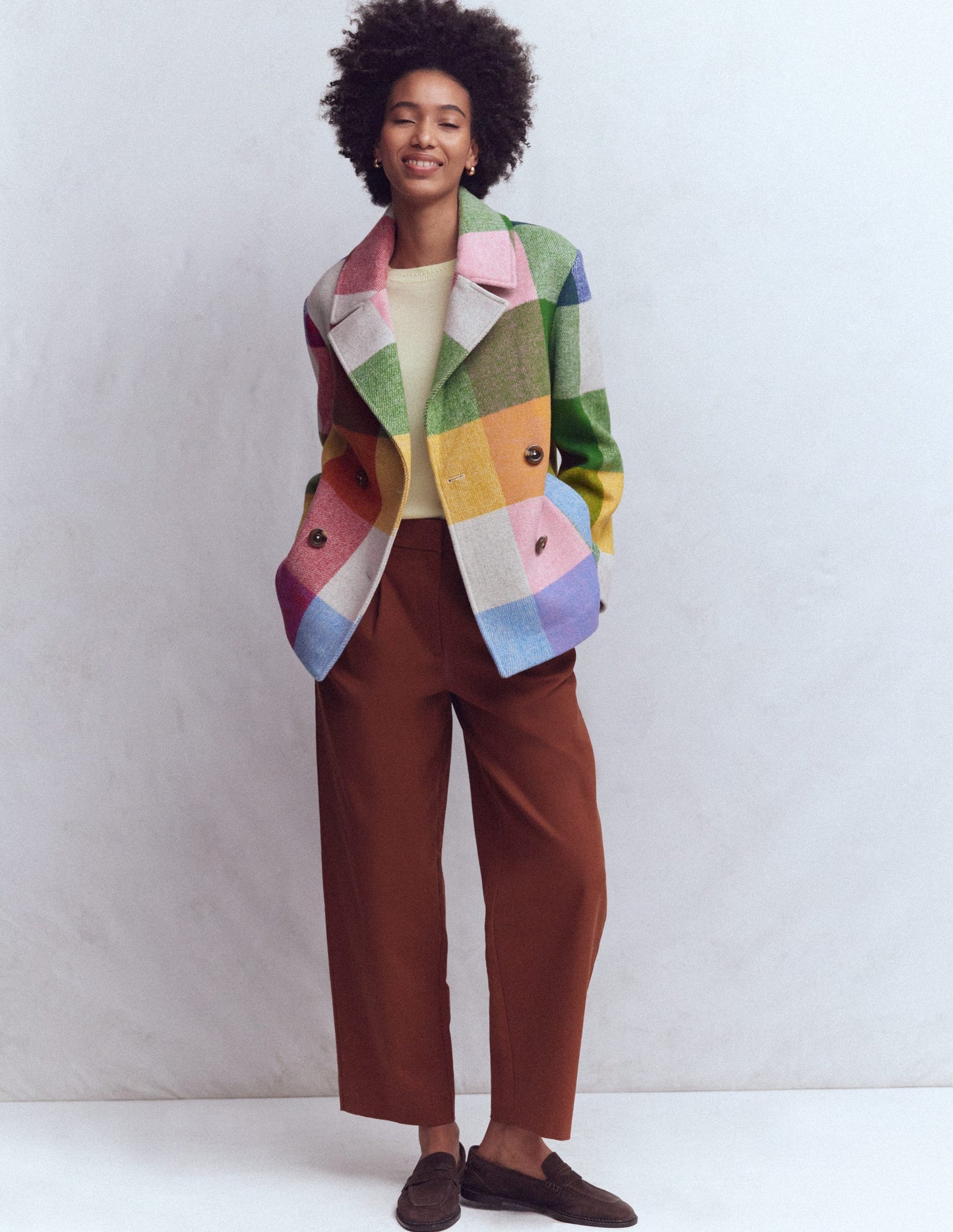 Revere Collar Wool Coat-Giant Multigingham