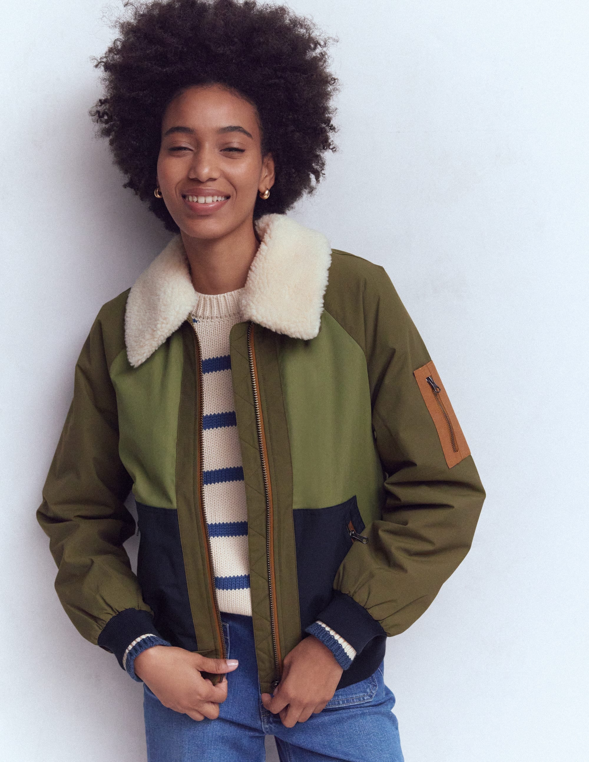 Borg Detail Bomber Jacket-Woodland Green | Boden UK