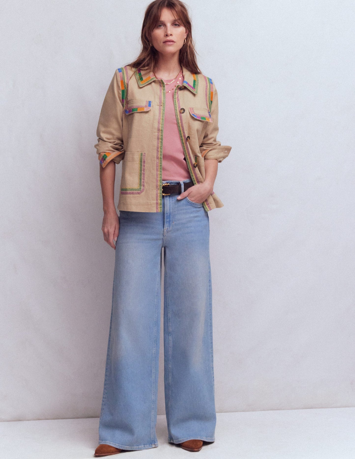 Embroidered Utility Jacket-Camel