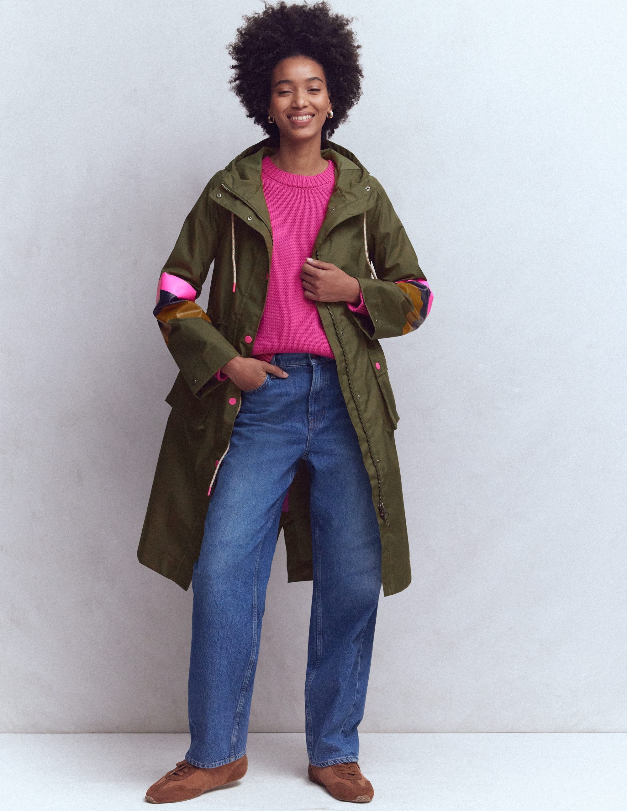 Striped Longline Rain Mac-Woodland Green Stripe - Image 1
