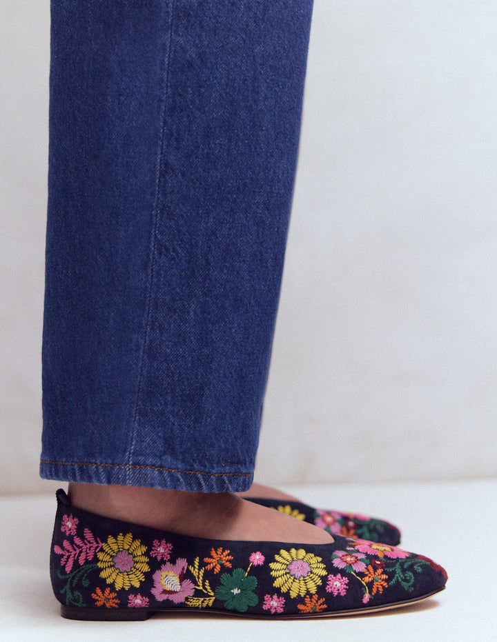 High Cut Ballet Flats-Navy/Embroidery