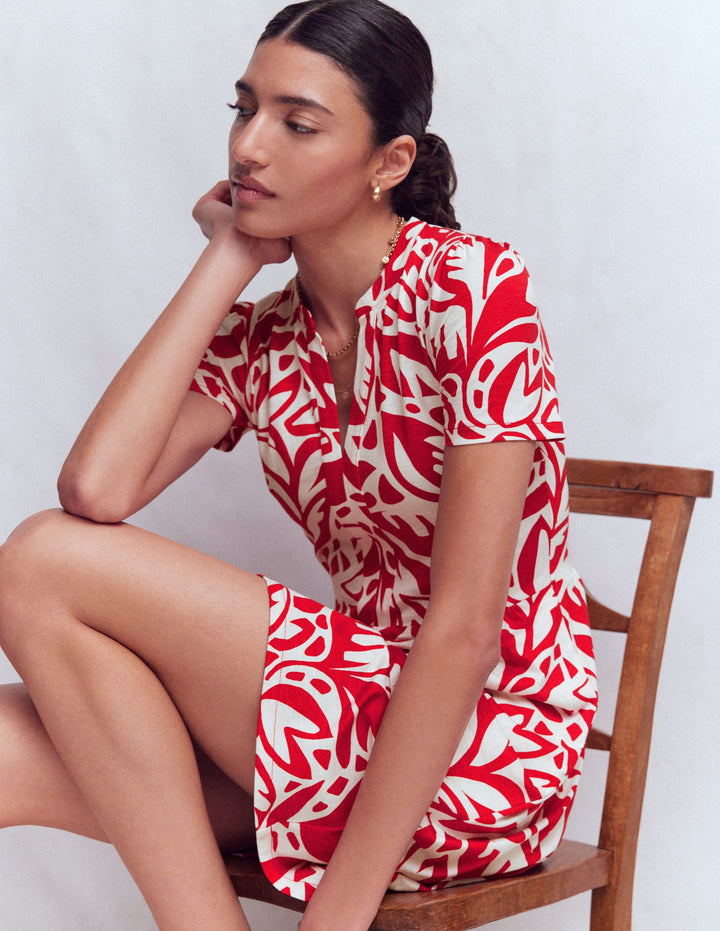 Naomi Short Jersey Dress-Merida Red, Leafy Cascade Mono