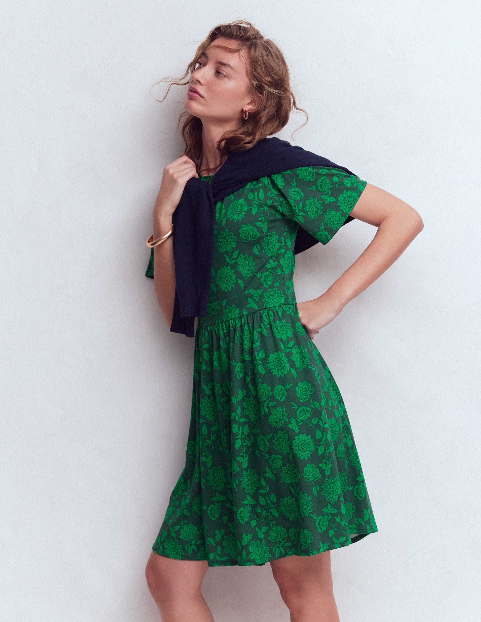 Louisa Short Jersey Dress-Midnight Teal, Floral Frenzy - Image 1