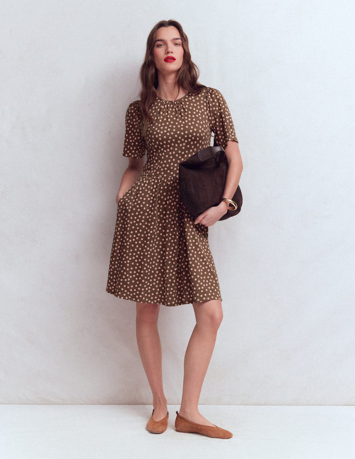 Louisa Short Jersey Dress-Raw Umber, Painted Dot