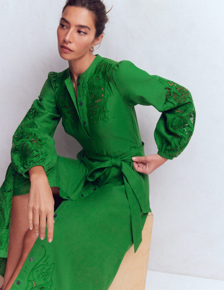 Mae Linen Blend Shirt Dress-Highland Green