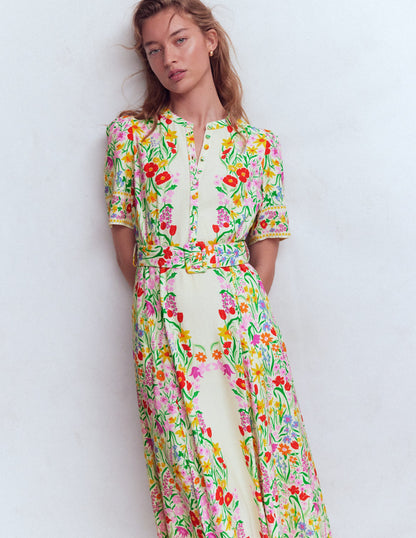 Kate Puff Sleeve Belted Dress-Ivory Garden Placement-1