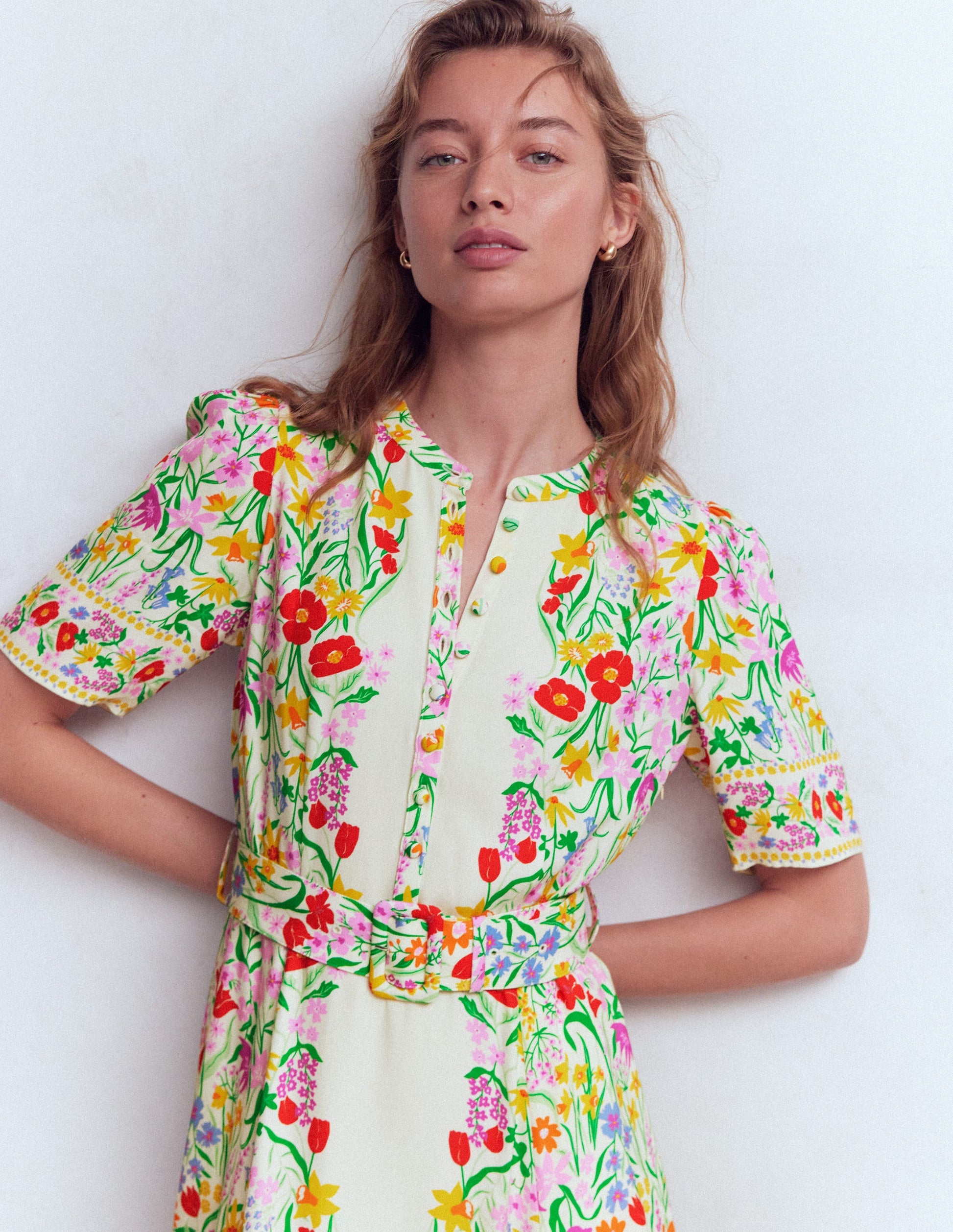 Kate Puff Sleeve Belted Dress-Ivory Garden Placement-3