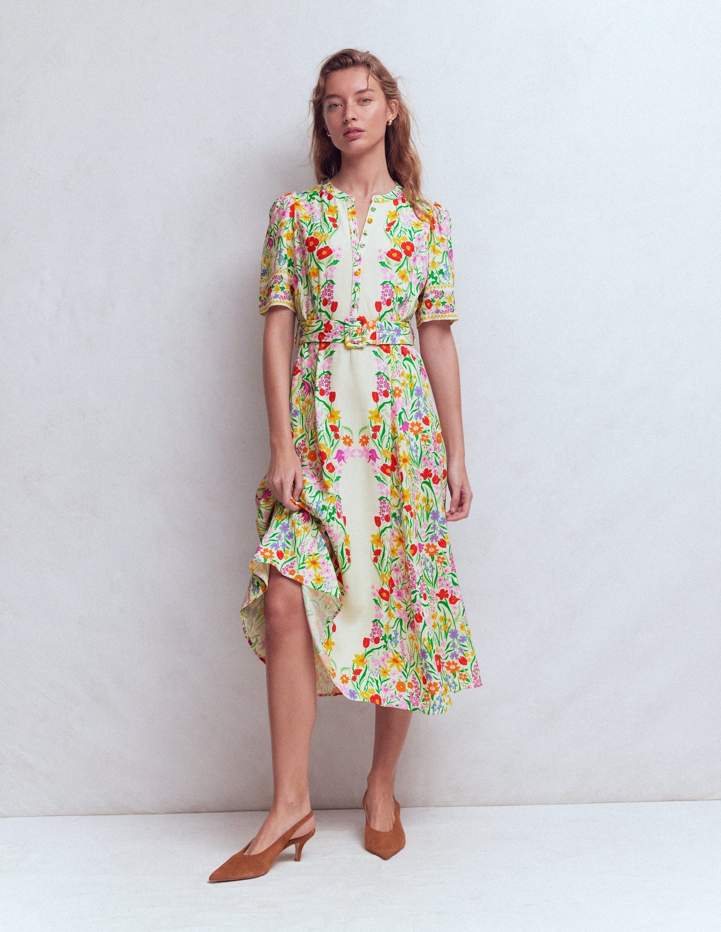 Kate Puff Sleeve Belted Dress-Ivory Garden Placement