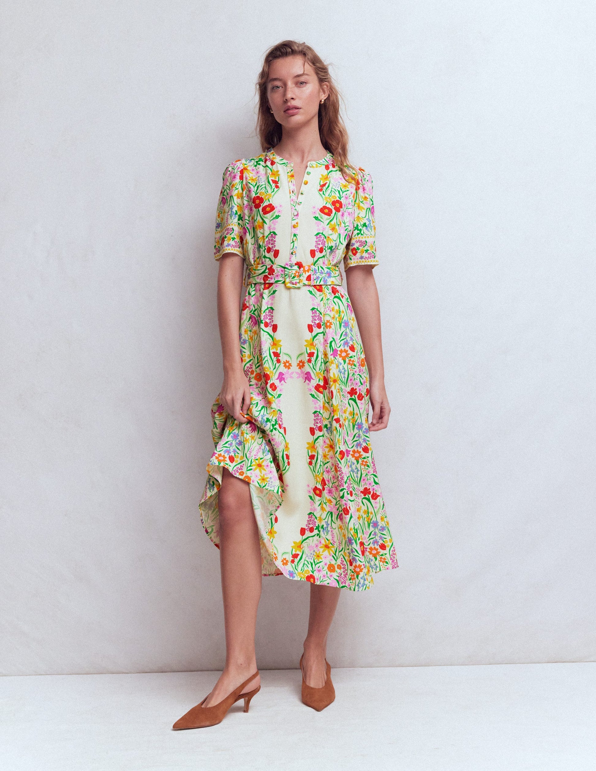 Kate Puff Sleeve Belted Dress-Ivory Garden Placement-5