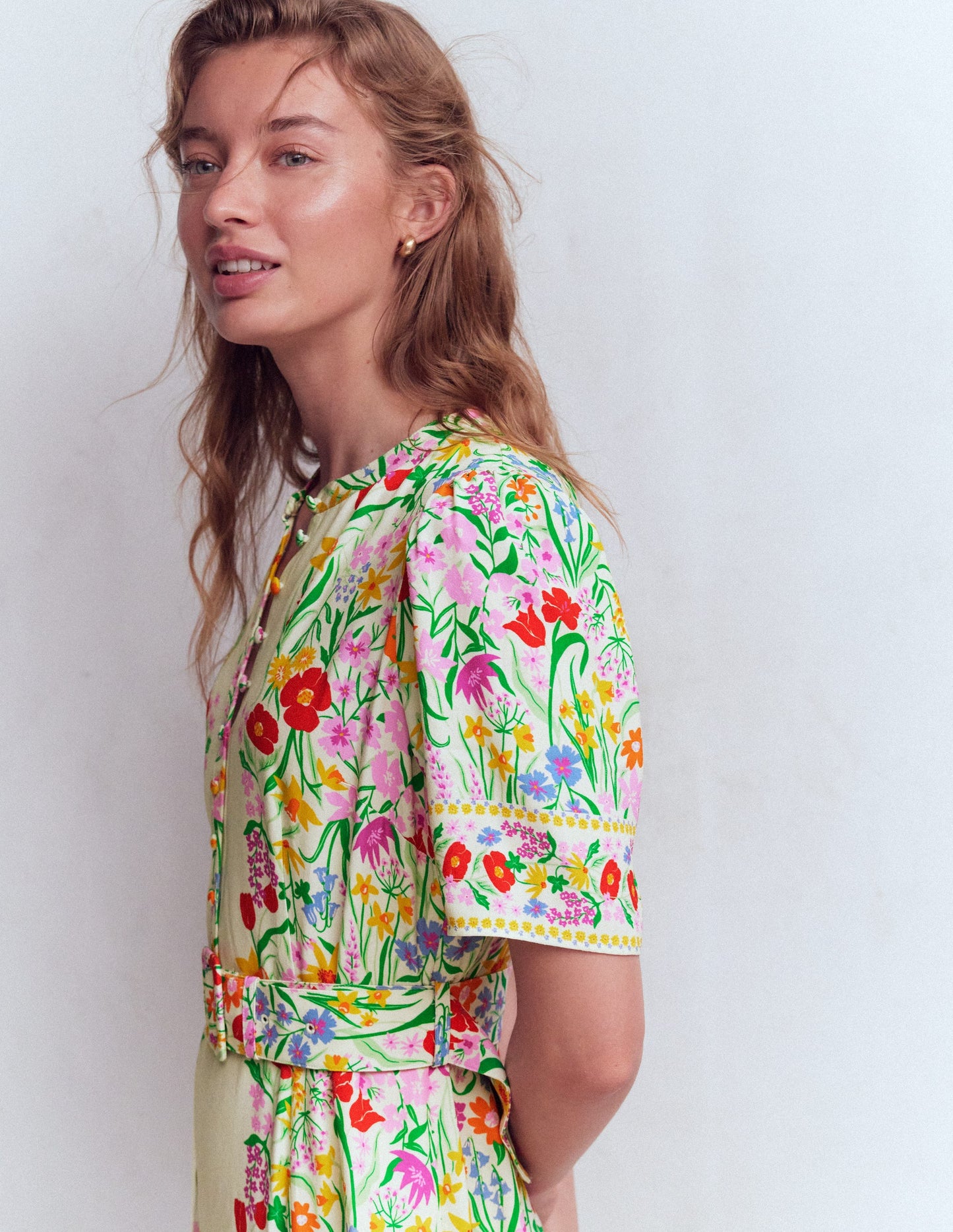 Kate Puff Sleeve Belted Dress-Ivory Garden Placement