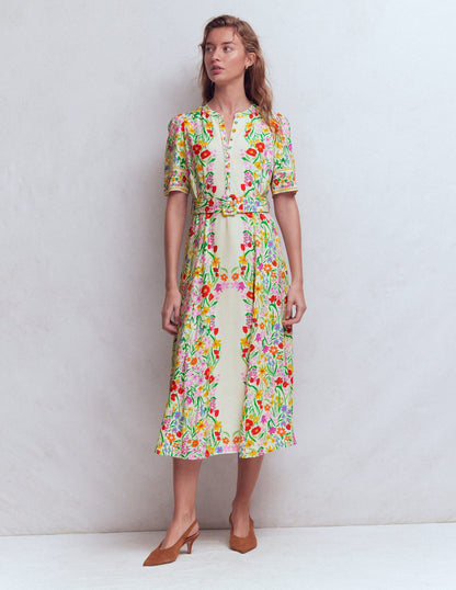 Kate Puff Sleeve Belted Dress-Ivory Garden Placement-8