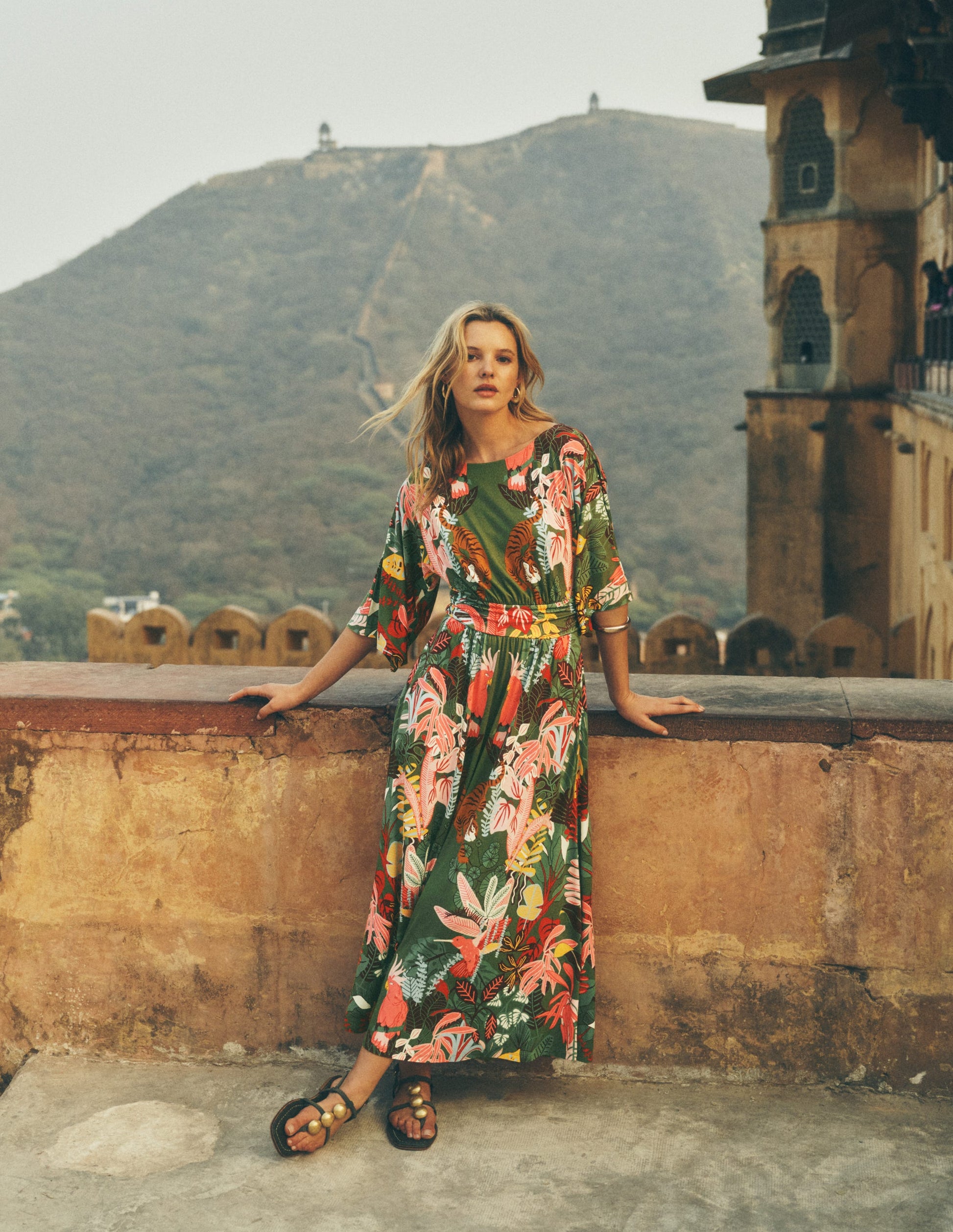 Imelda Kimono Jersey Dress-Olive, Tropical Safari-1