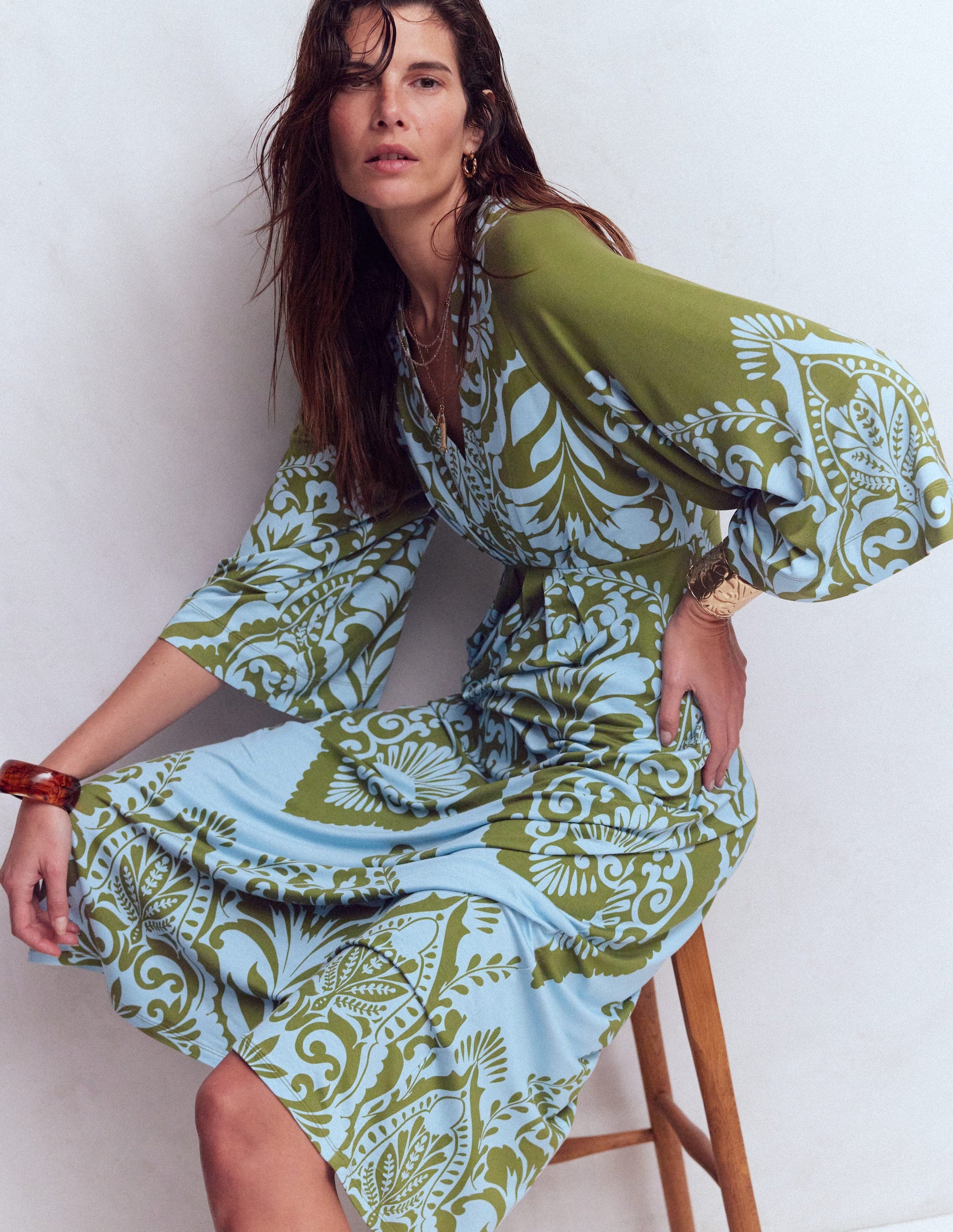 Nell Kimono Midi Jersey Dress-Olive, Ornamental Garden-3