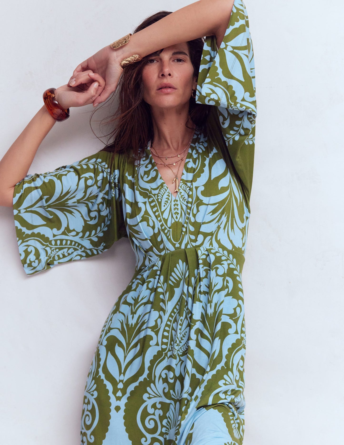 Nell Kimono Midi Jersey Dress-Olive, Ornamental Garden