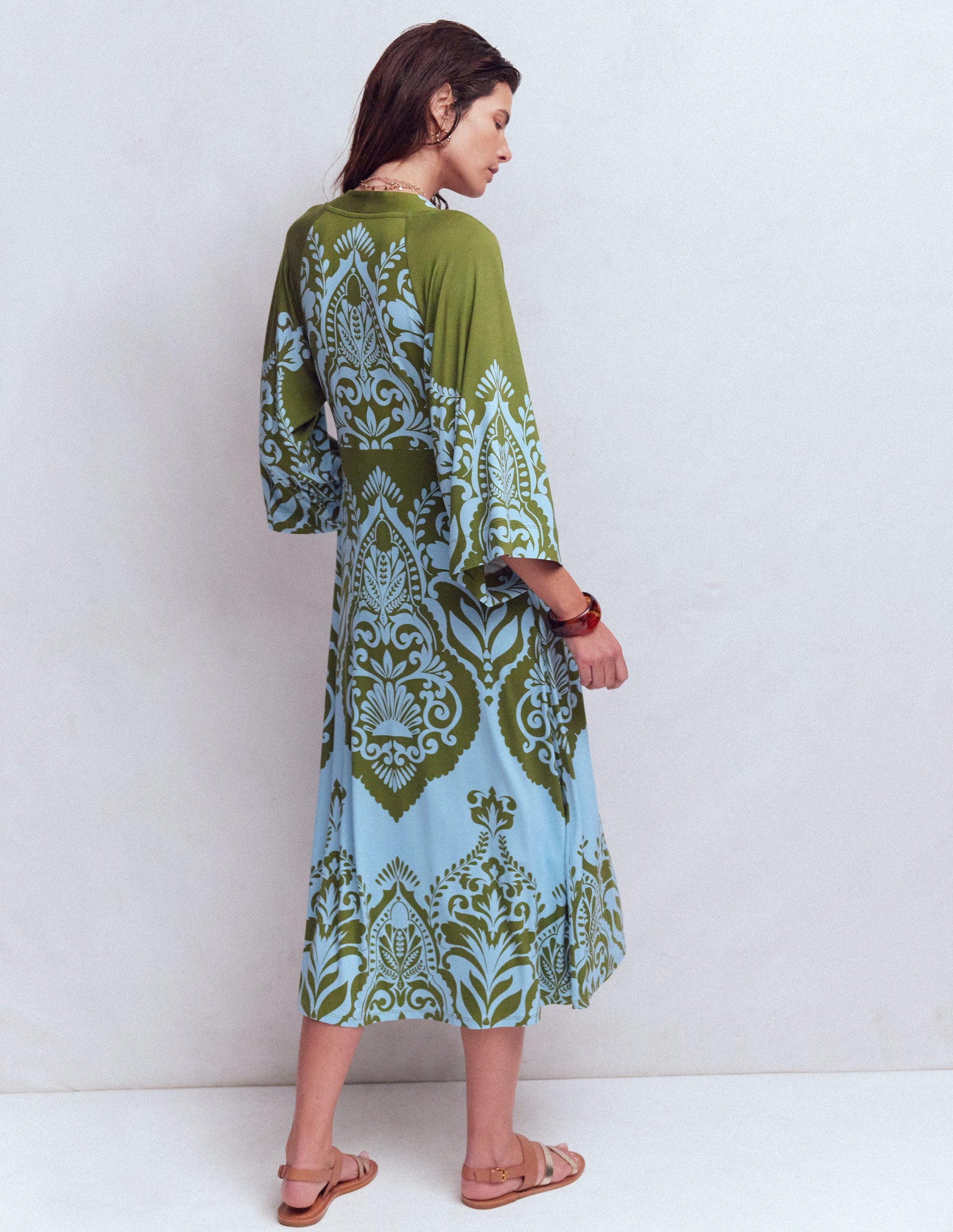 Nell Kimono Midi Jersey Dress-Olive, Ornamental Garden-5