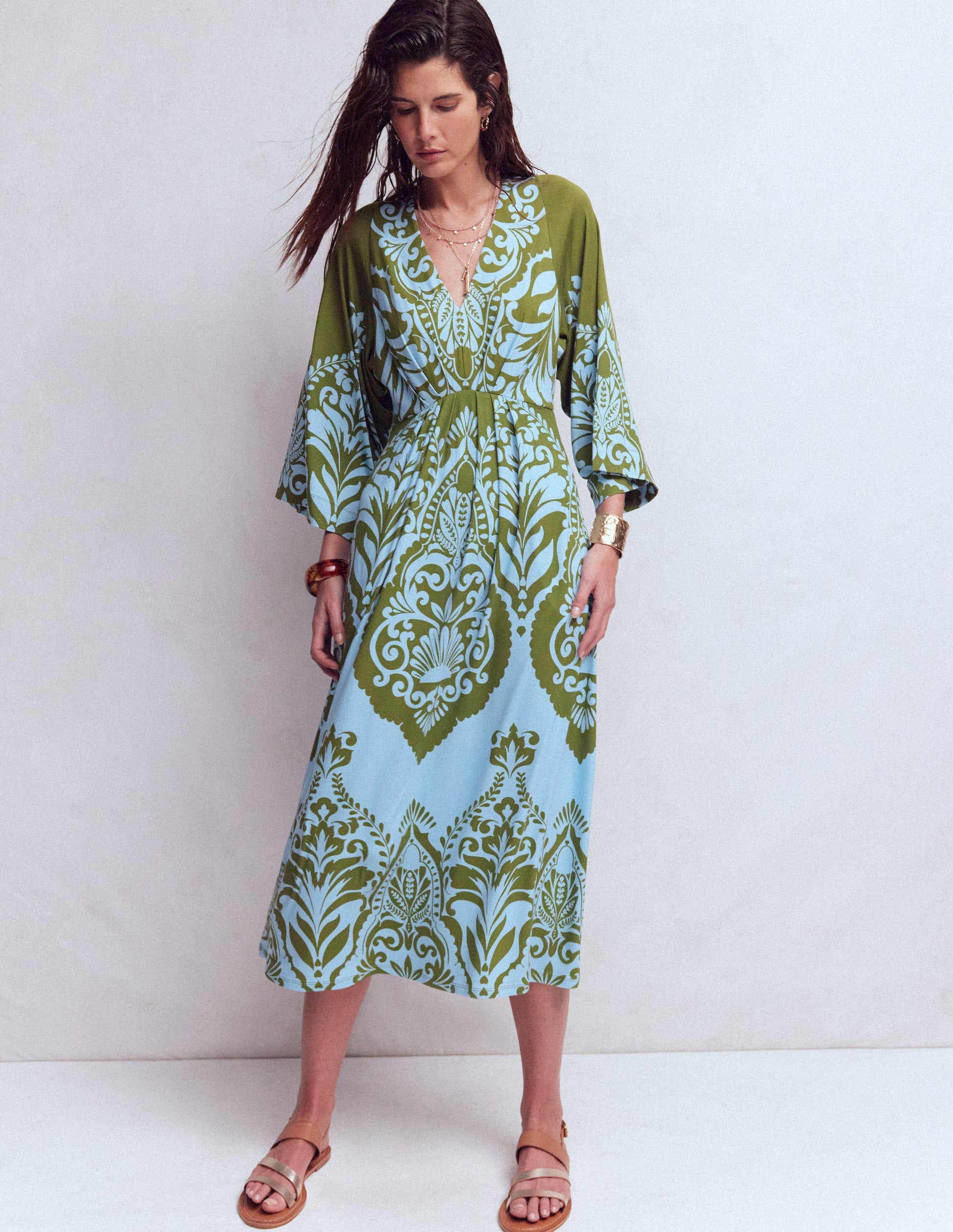 Nell Kimono Midi Jersey Dress-Olive, Ornamental Garden-2