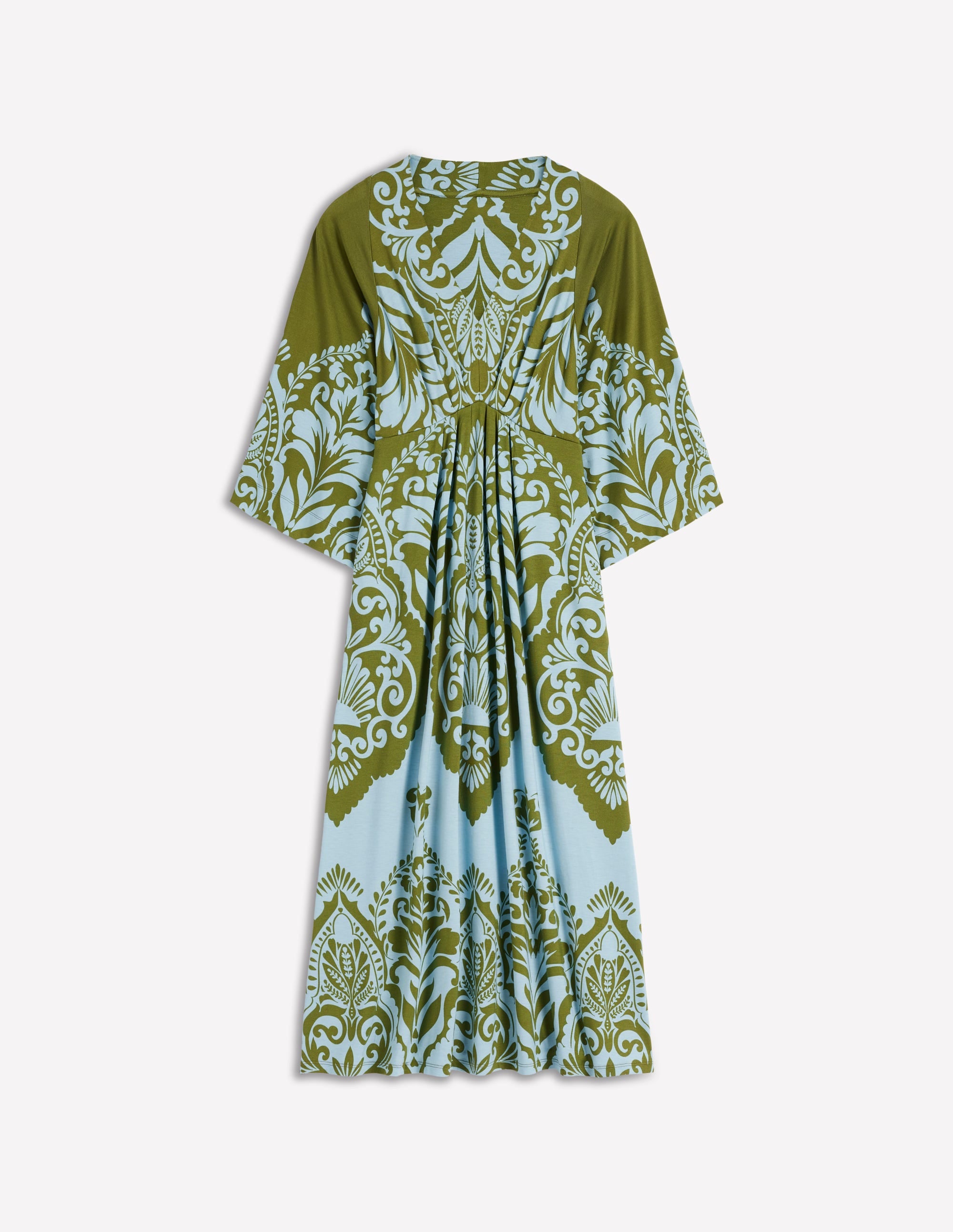 Nell Kimono Midi Jersey Dress-Olive, Ornamental Garden - Image 6