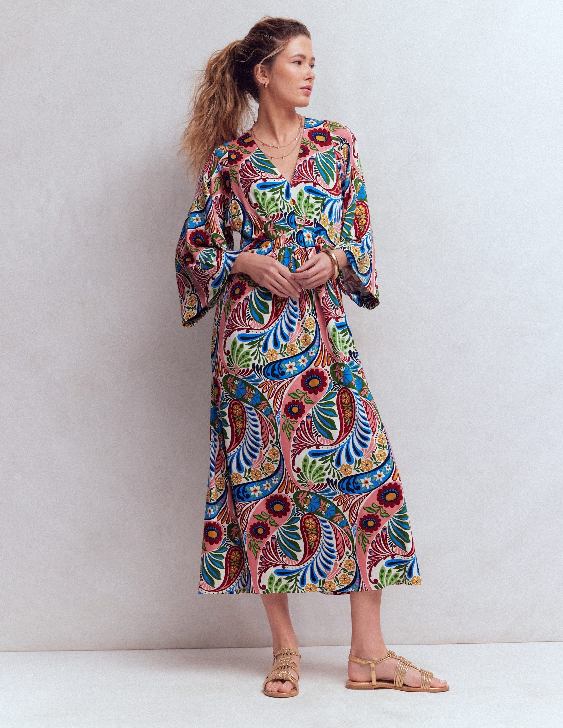 Nell Kimono Midi Jersey Dress-Multi, Enchanted Paisley-1