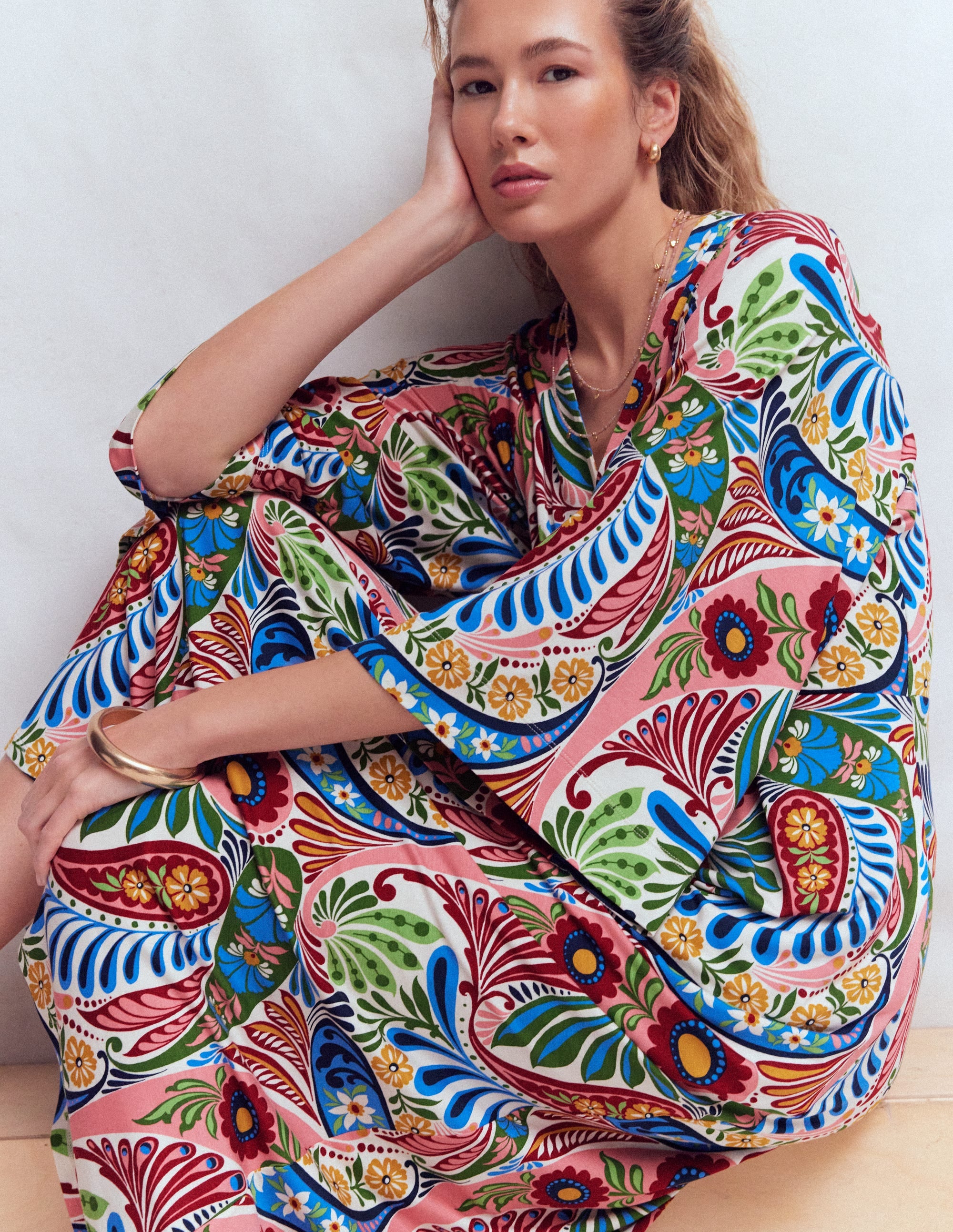 Nell Kimono Midi Jersey Dress-Multi, Enchanted Paisley - Image 4