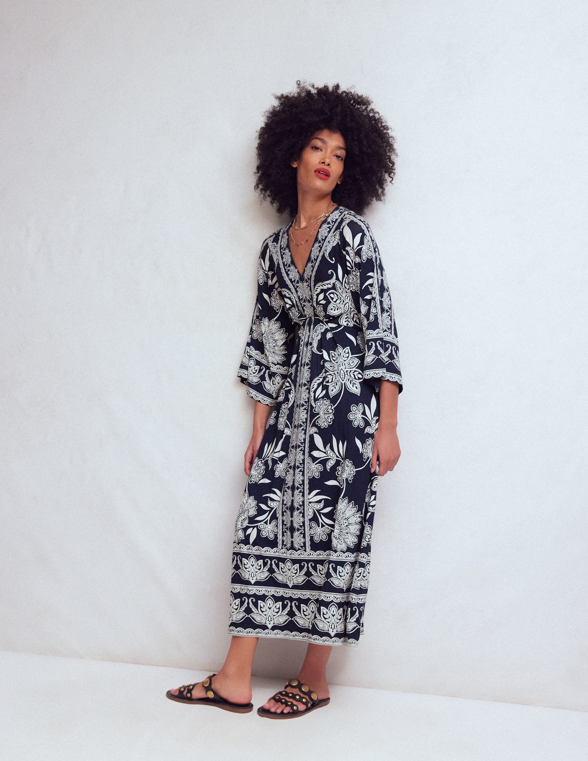 Nell Kimono Midi Jersey Dress-Navy, Elegant Blossom-4