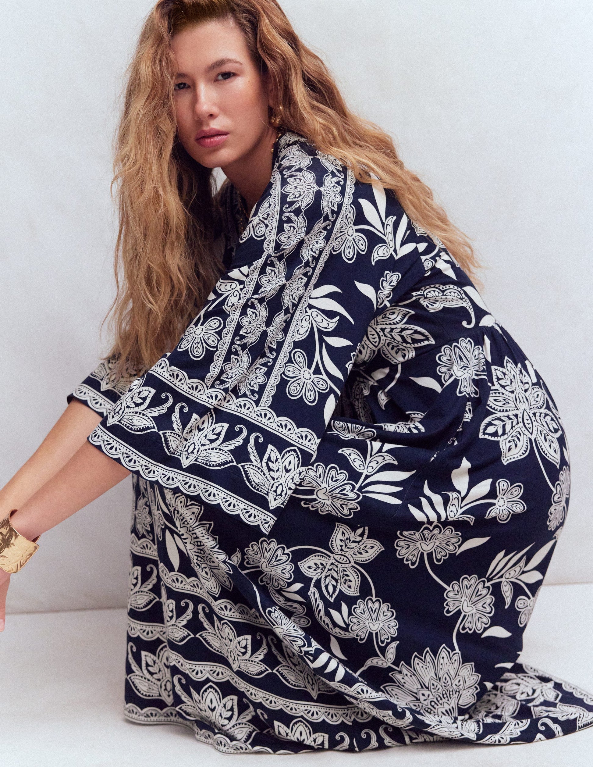 Nell Kimono Midi Jersey Dress-Navy, Elegant Blossom-5