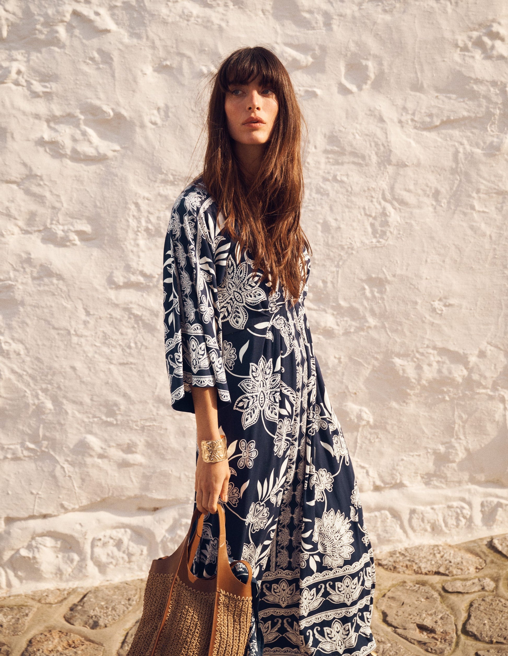 Nell Kimono Midi Jersey Dress-Navy, Elegant Blossom-7