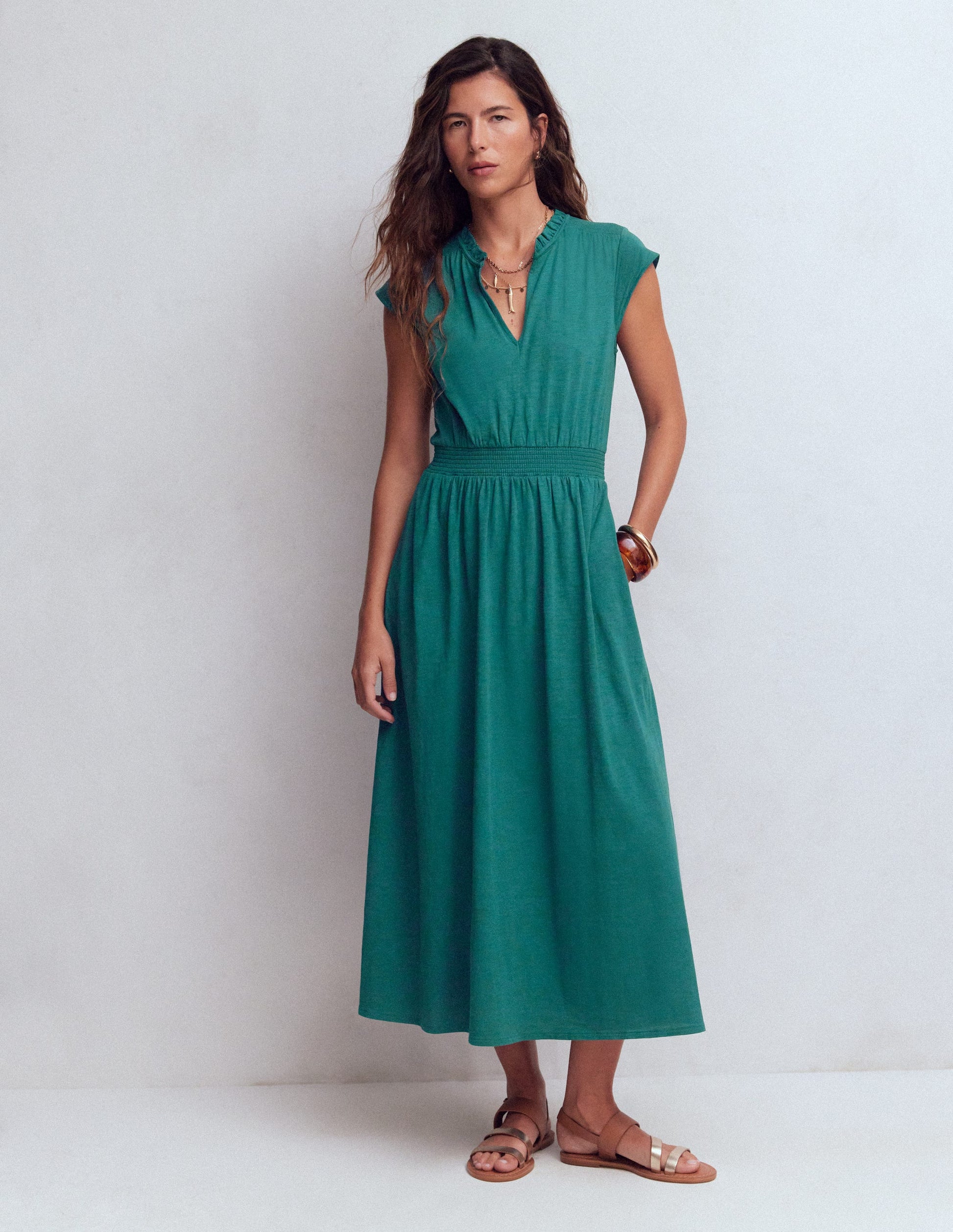 Alba Smocked Jersey Midi Dress-Drake Green | Boden UK Alba Smocked Jersey Midi Dress-Drake Green | Boden UK