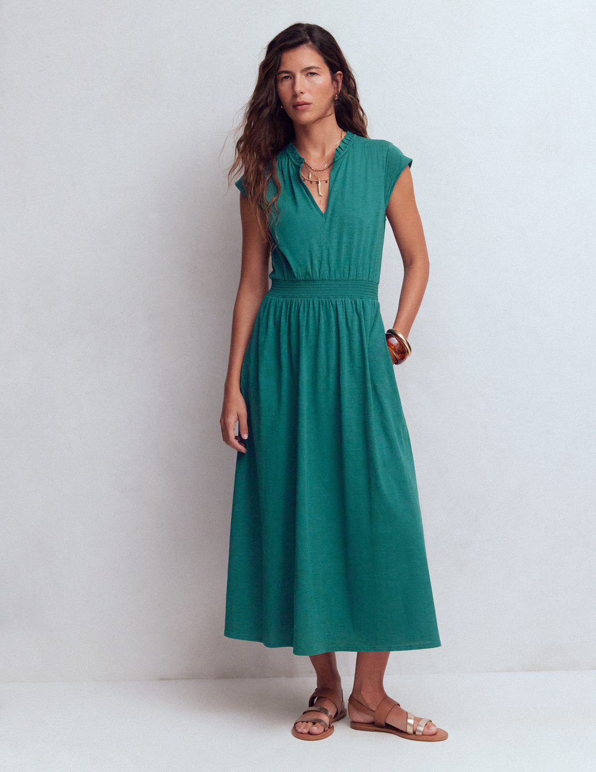 Alba Smocked Jersey Midi Dress-Drake Green - Image 1