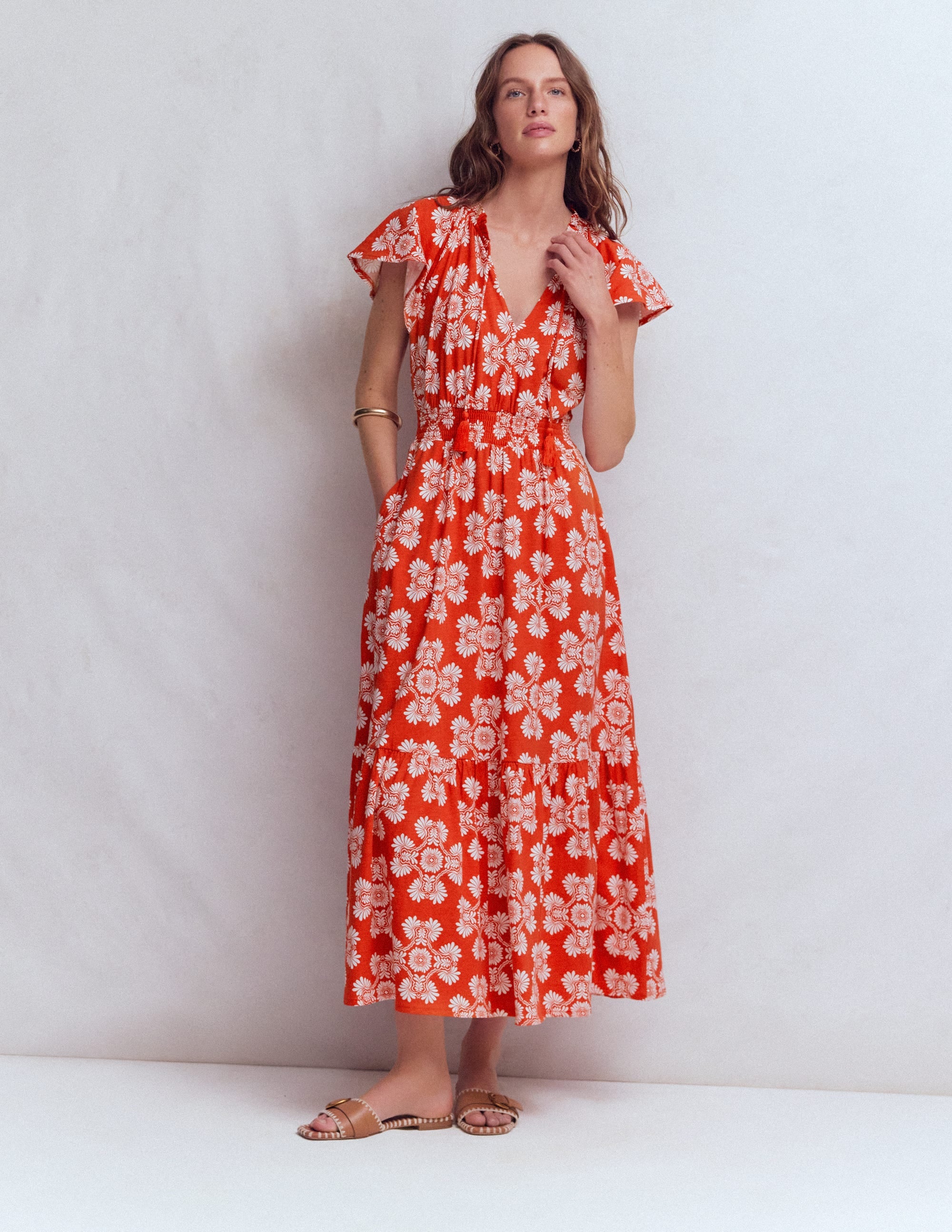 Tala Tiered Jersey Maxi Dress-Blood Orange, Botanical Charm - Image 1