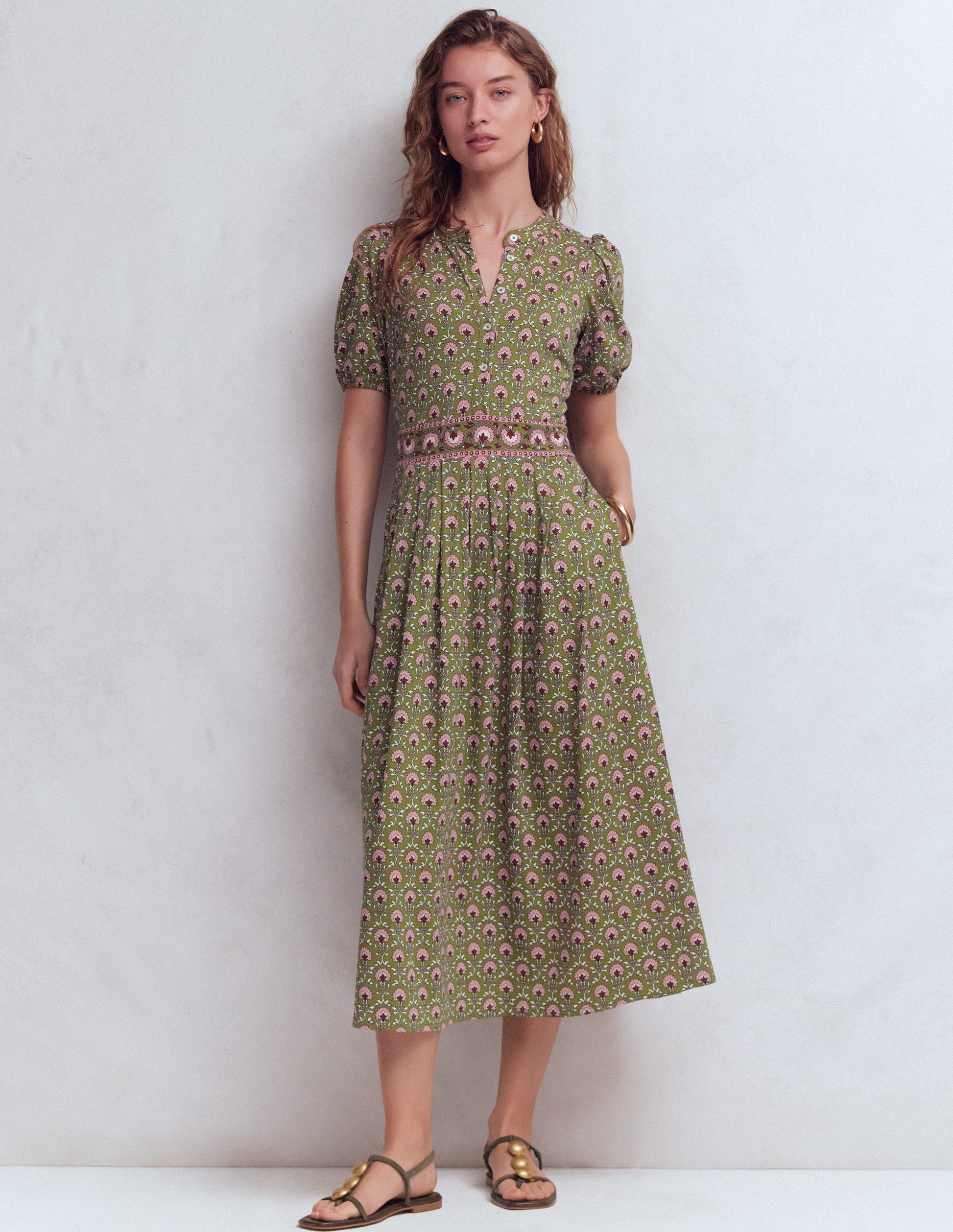 Amber Pleat Jersey Midi Dress-Olive, Flower Lattice-1