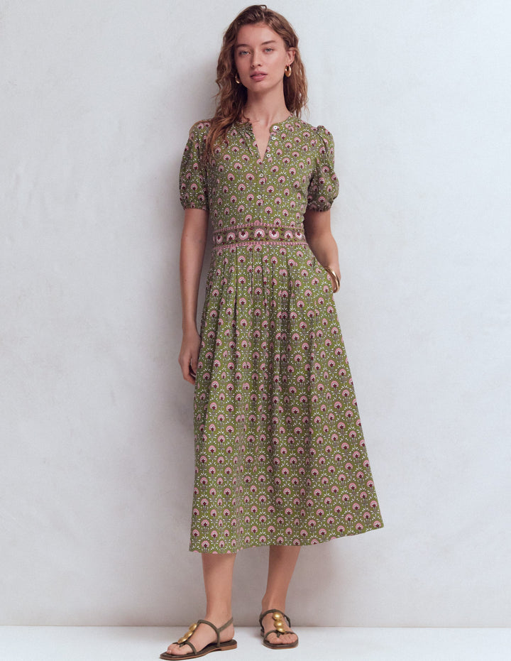 Amber Pleat Jersey Midi Dress-Olive, Flower Lattice
