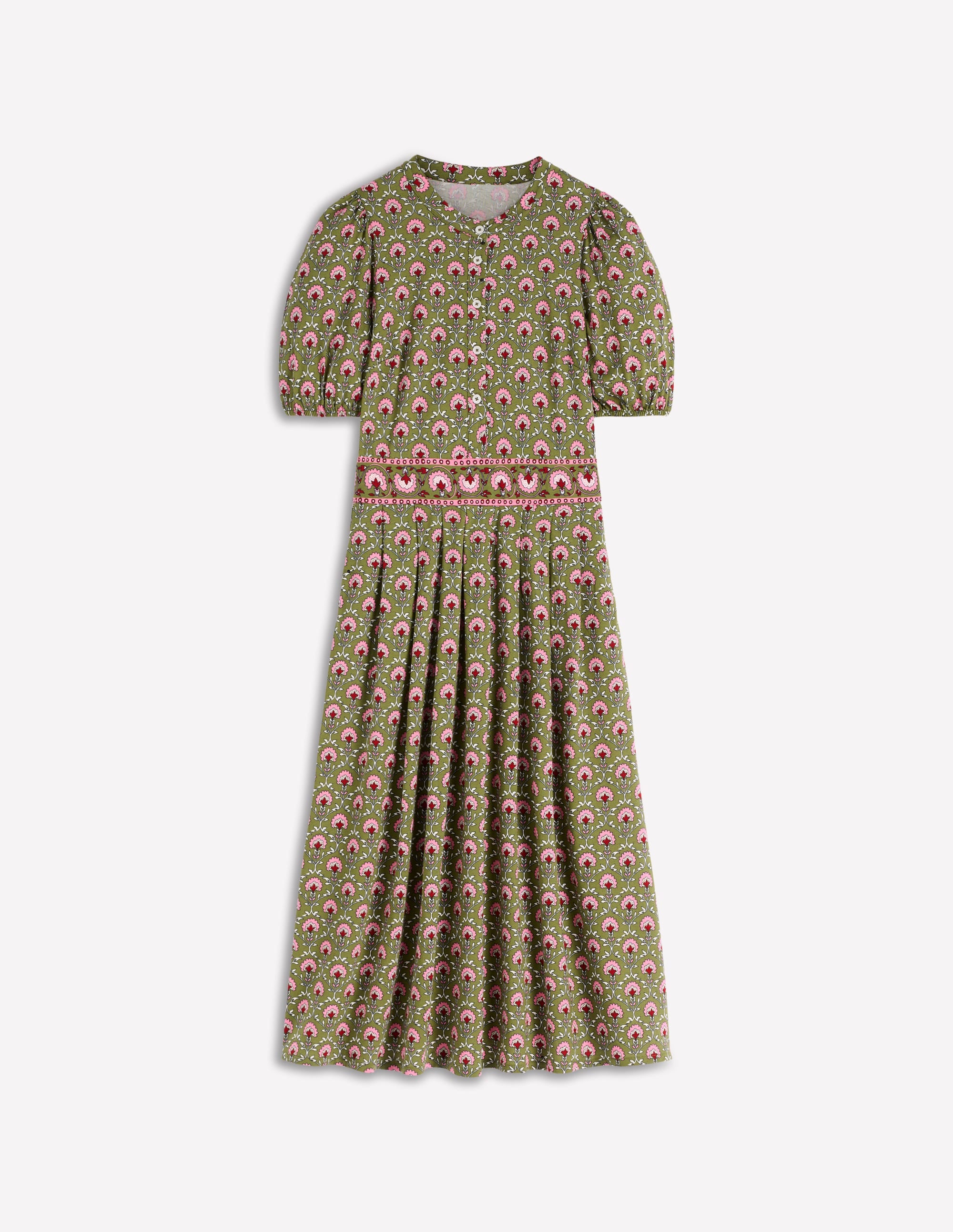 Amber Pleat Jersey Midi Dress-Olive, Flower Lattice - Image 4