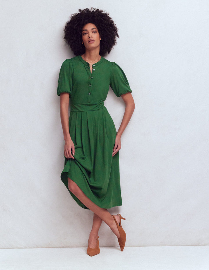 Amber Pleat Jersey Midi Dress-Hunter Green