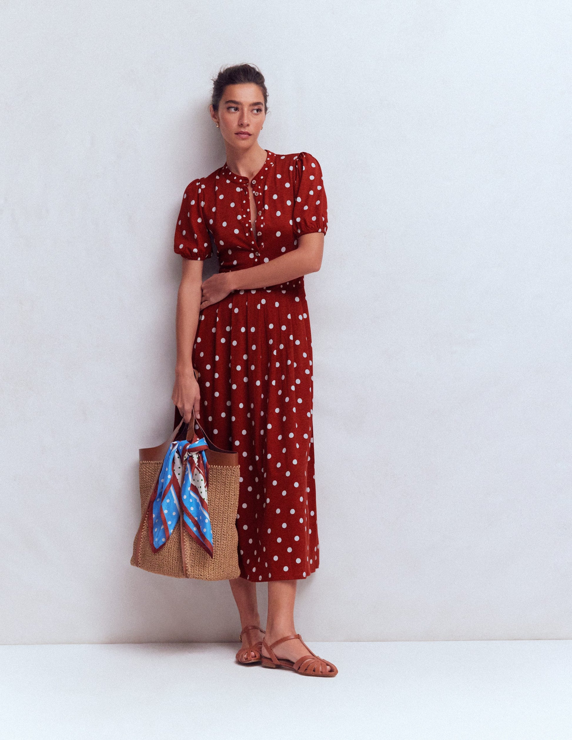 Amber Pleat Jersey Midi Dress-Burnt Orange, Painted Dot-4