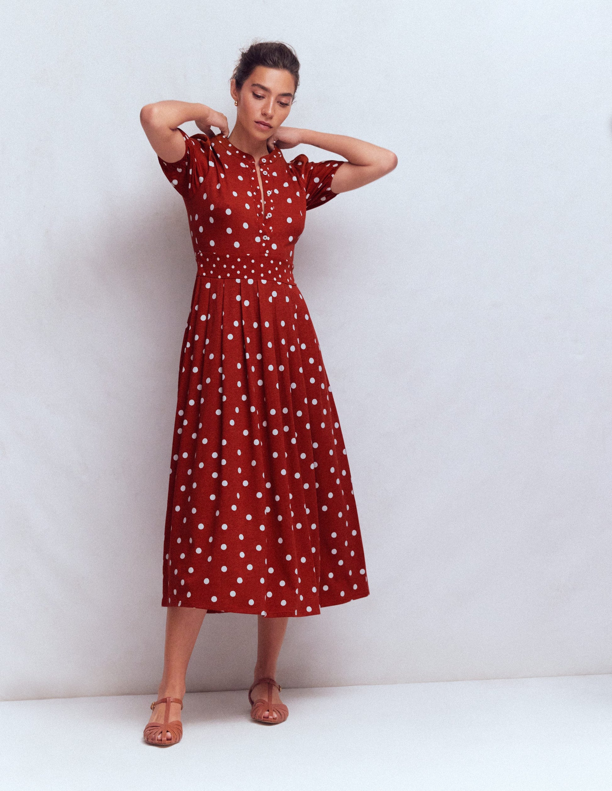 Amber Pleat Jersey Midi Dress-Burnt Orange, Painted Dot-6